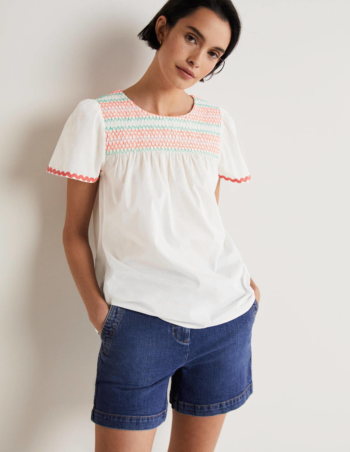 May Flutter Sleeve Smocked Top-White, Multi Smocking-1