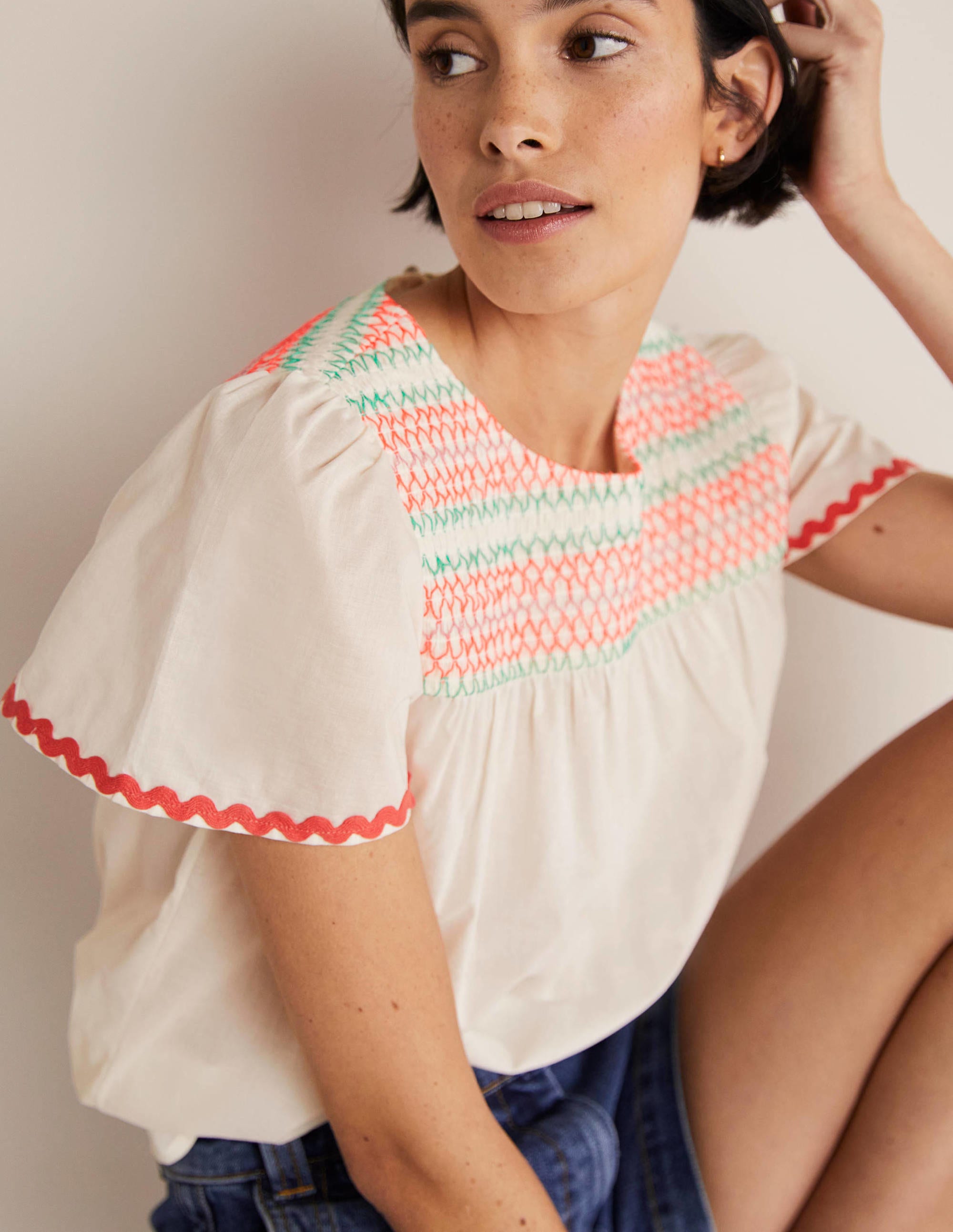 May Flutter Sleeve Smocked Top-White, Multi Smocking - Image 5