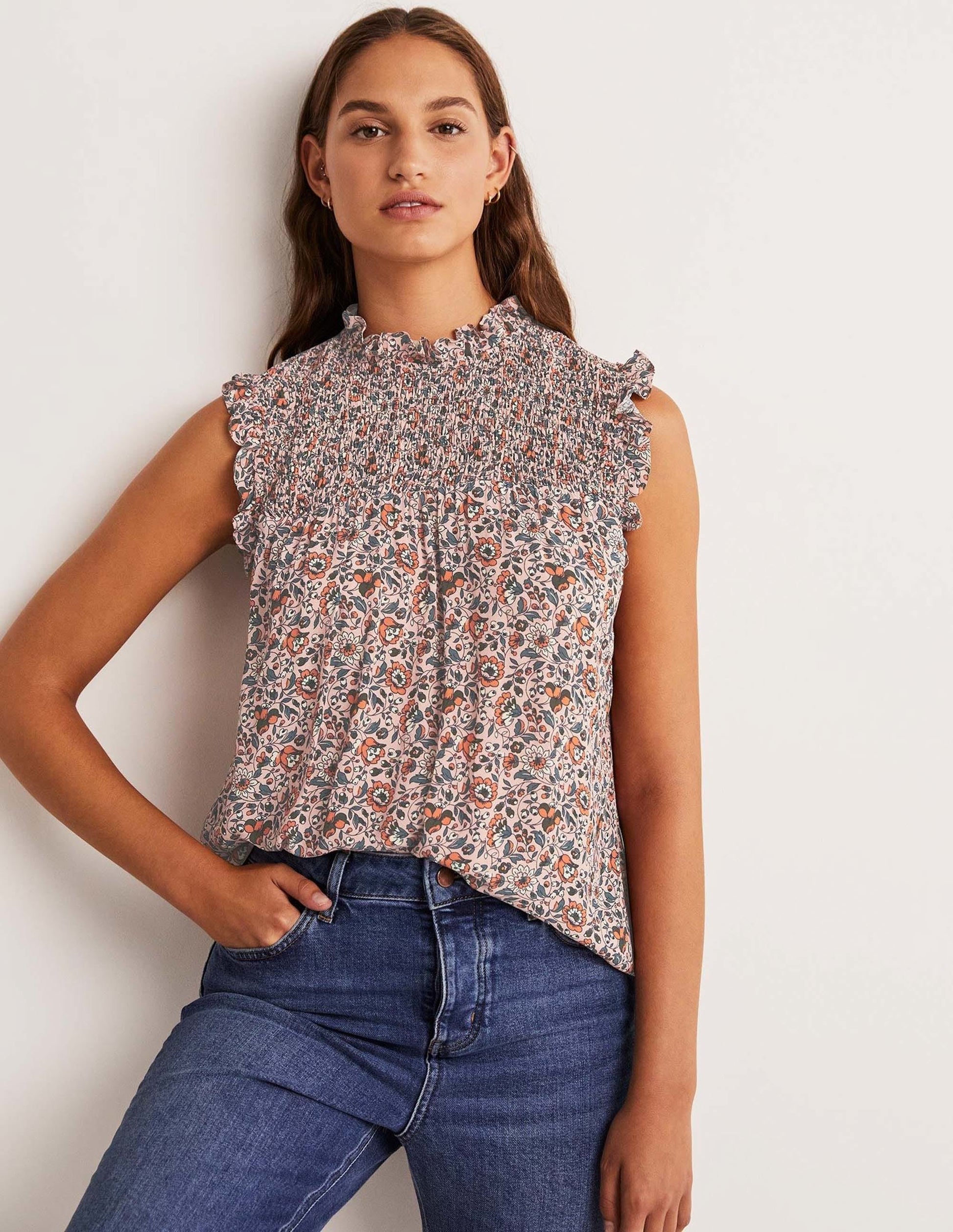 Sleeveless Smocked Top-Milkshake, Botanic Meadow-1