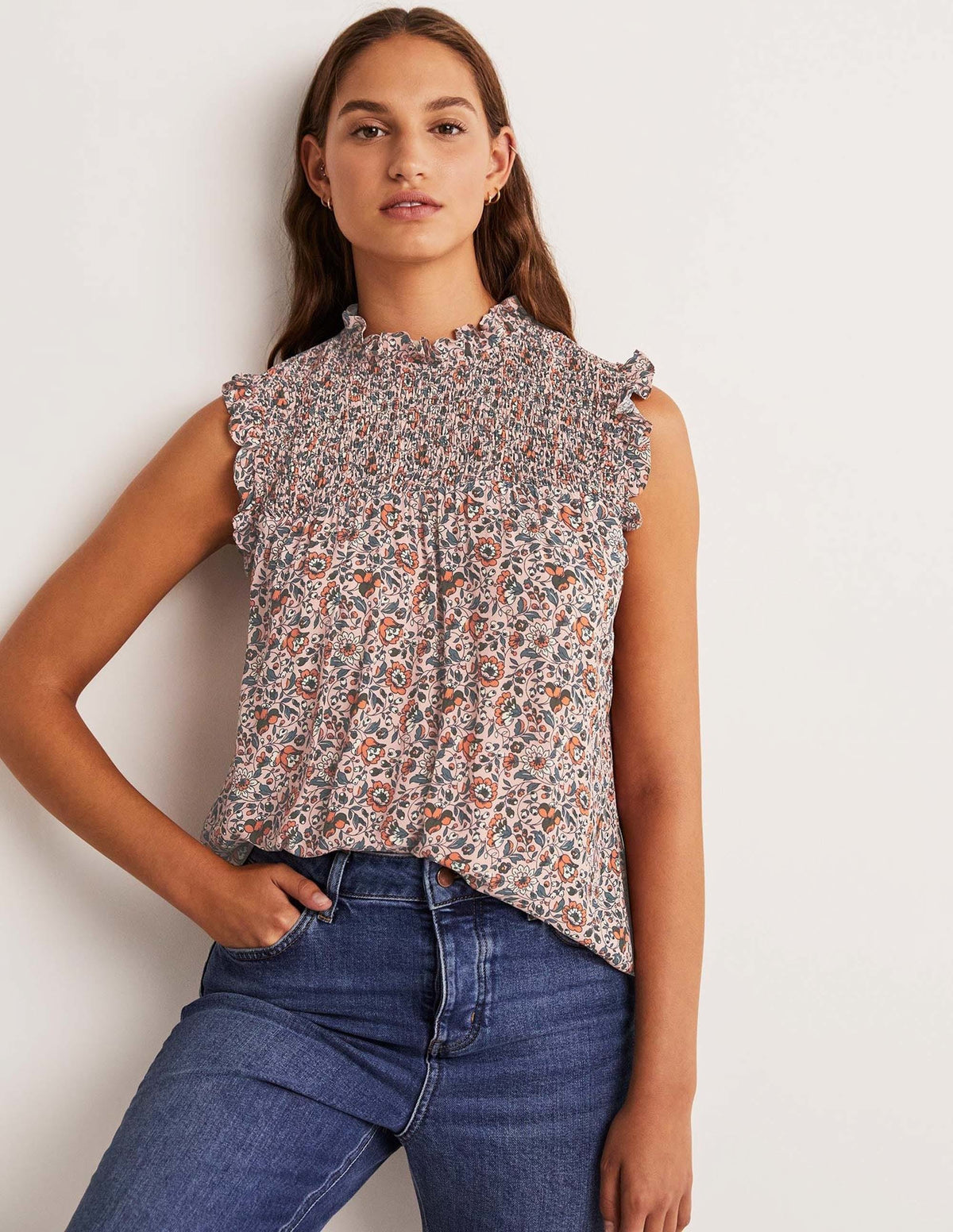 Sleeveless Smocked Top-Milkshake, Botanic Meadow - Image 1
