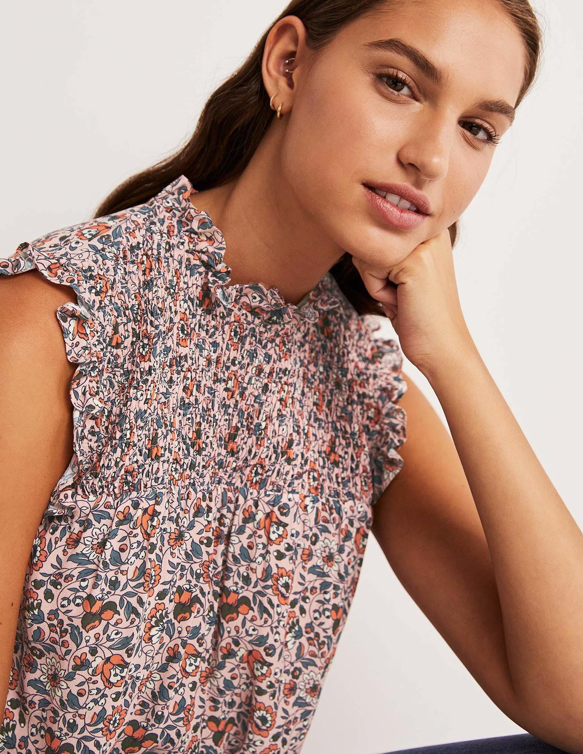 Sleeveless Smocked Top-Milkshake, Botanic Meadow - Image 2