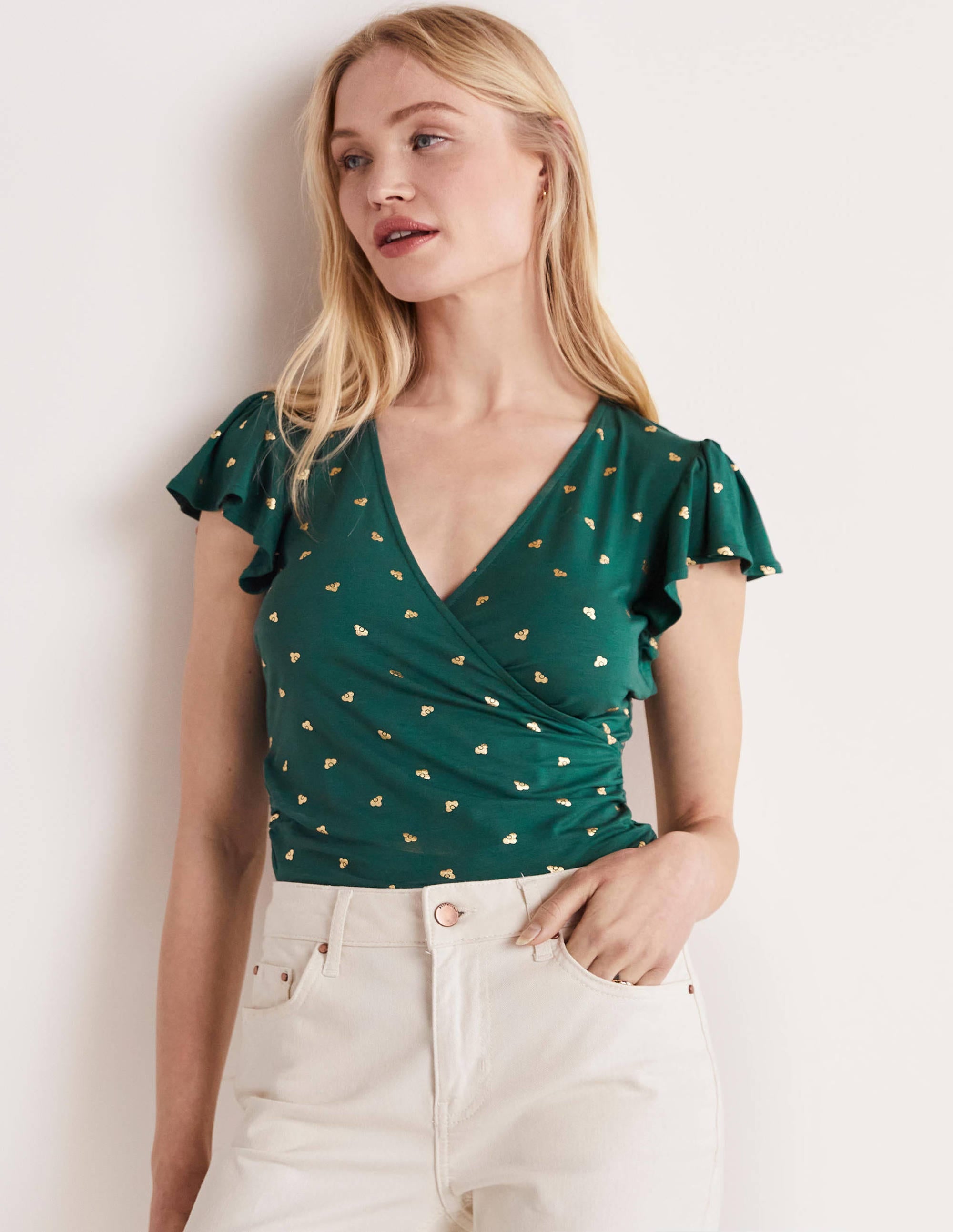 Flutter Sleeve Wrap Top-Trekking Green, Spaced Bud - Image 1