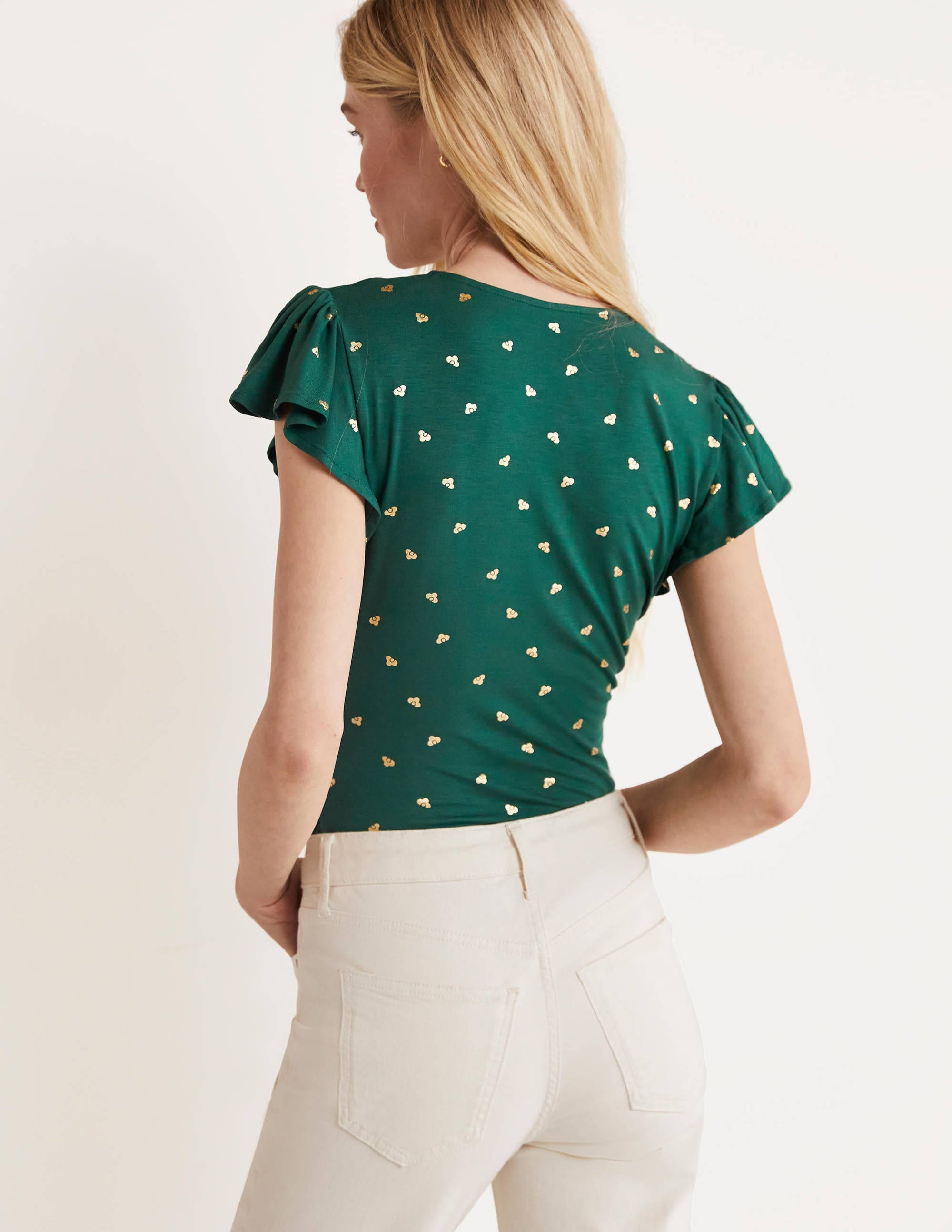 Flutter Sleeve Wrap Top-Trekking Green, Spaced Bud - Image 3