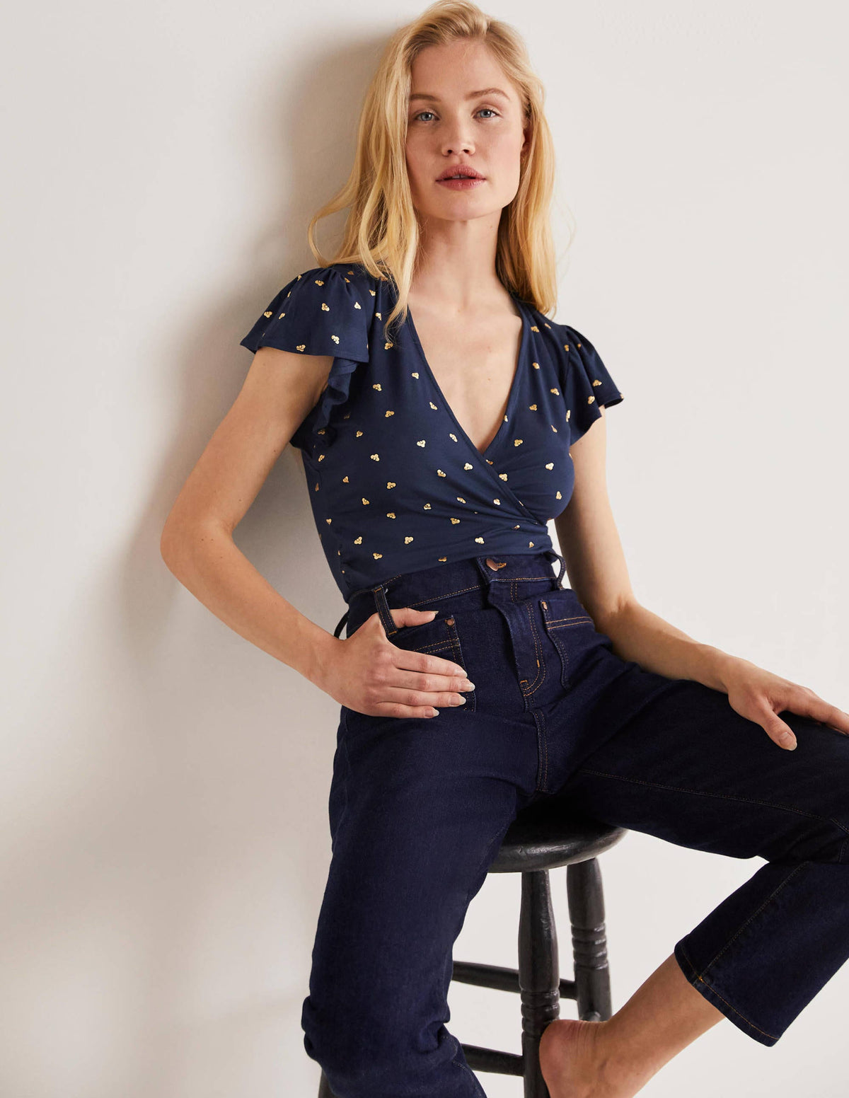 Flutter Sleeve Wrap Top-French Navy, Spaced Bud - Image 1