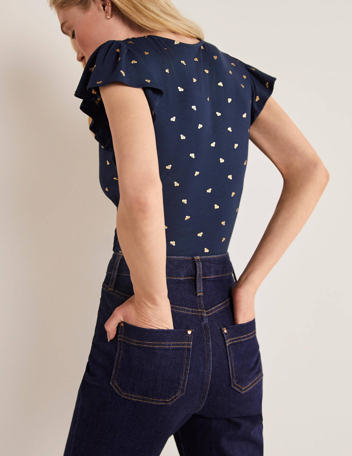 Flutter Sleeve Wrap Top-French Navy, Spaced Bud - Image 3