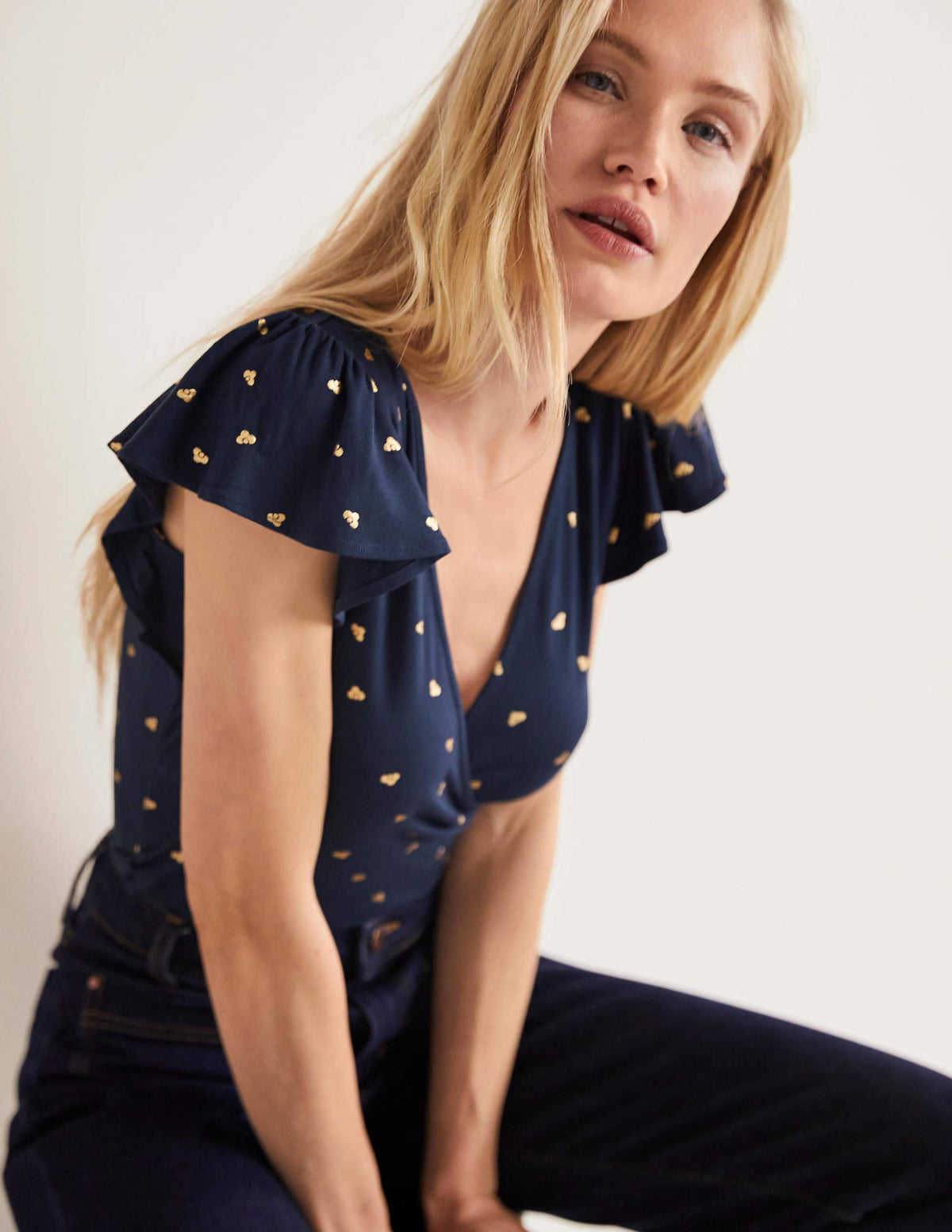 Flutter Sleeve Wrap Top-French Navy, Spaced Bud - Image 4