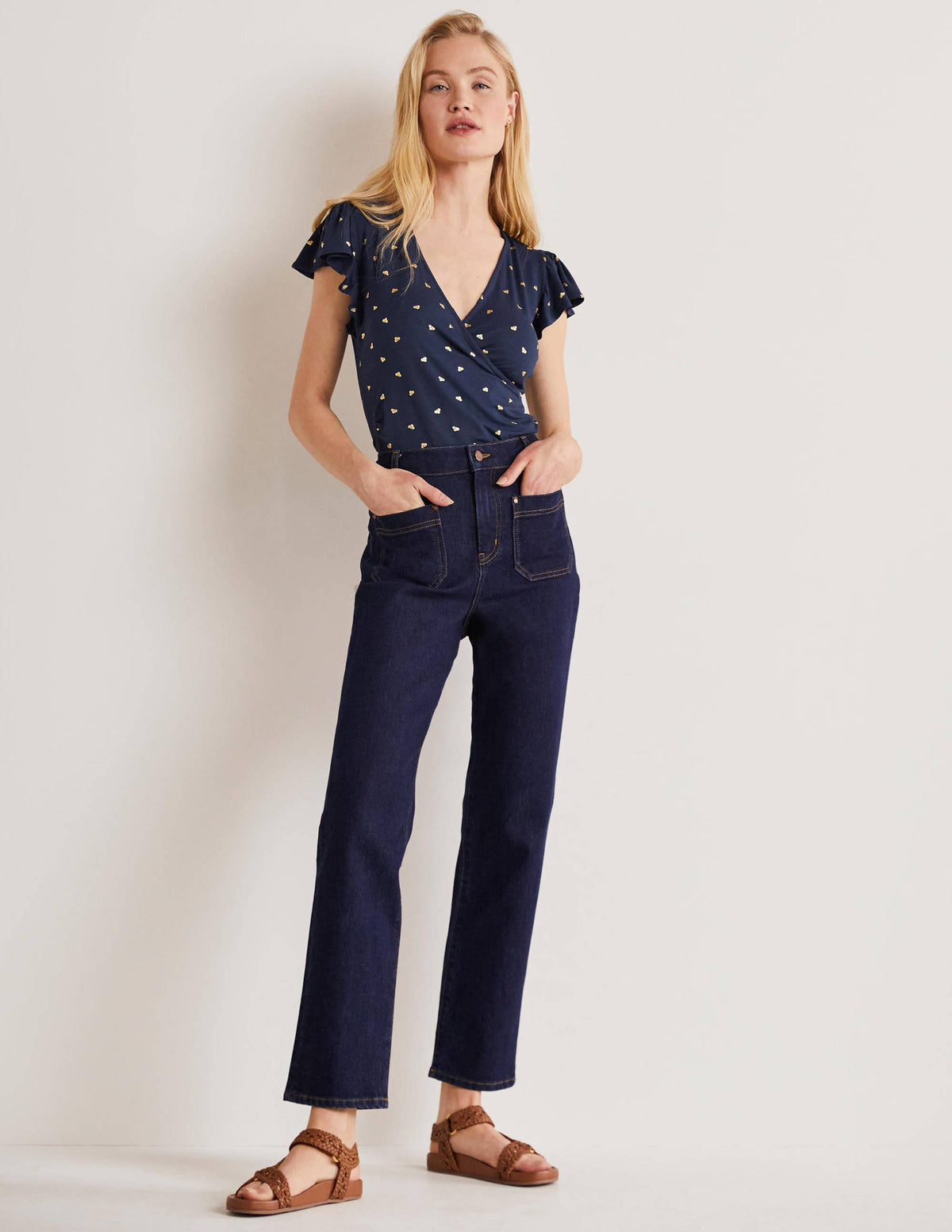 Flutter Sleeve Wrap Top-French Navy, Spaced Bud - Image 5