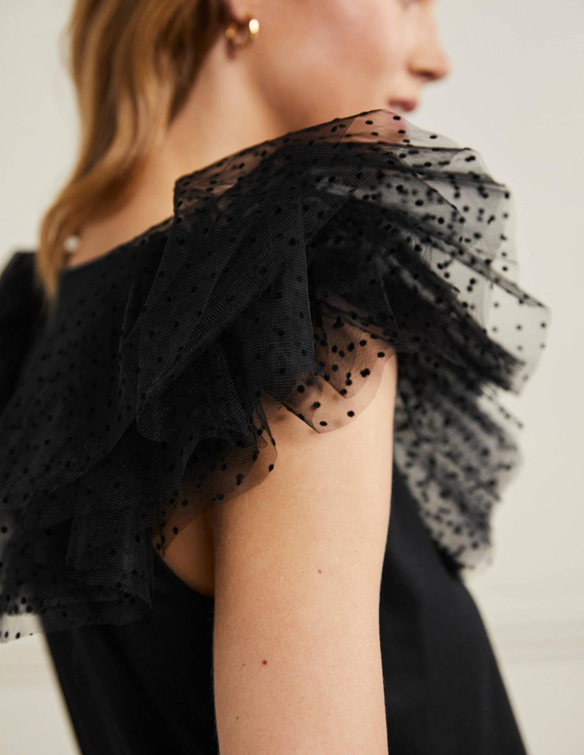 Tulle Shoulder Jersey Top-Black - Image 2