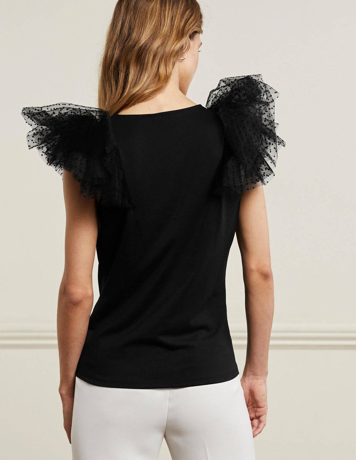 Tulle Shoulder Jersey Top-Black - Image 3
