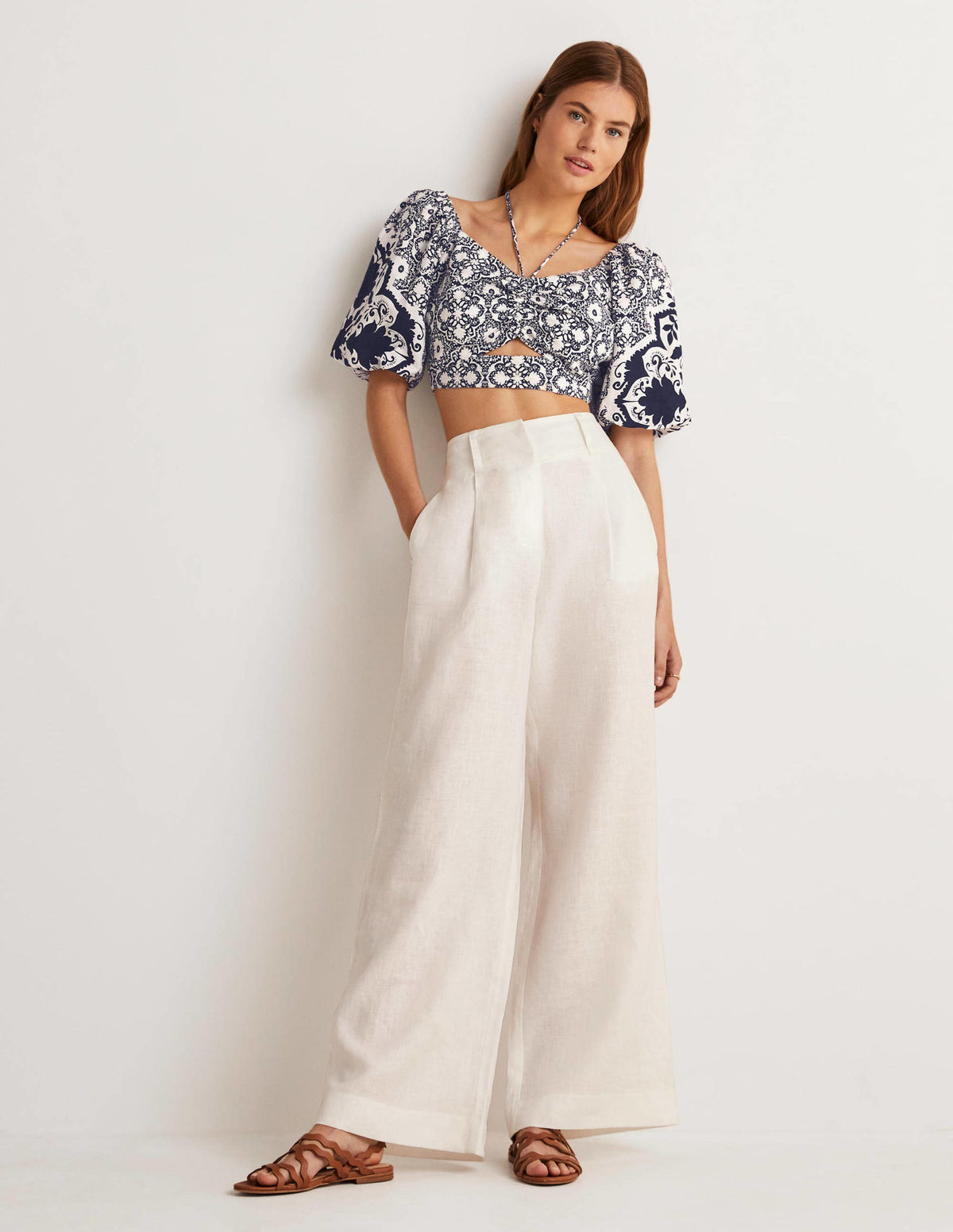 Halterneck Cut Out Crop Top-Navy, Bloomsbury - Image 8
