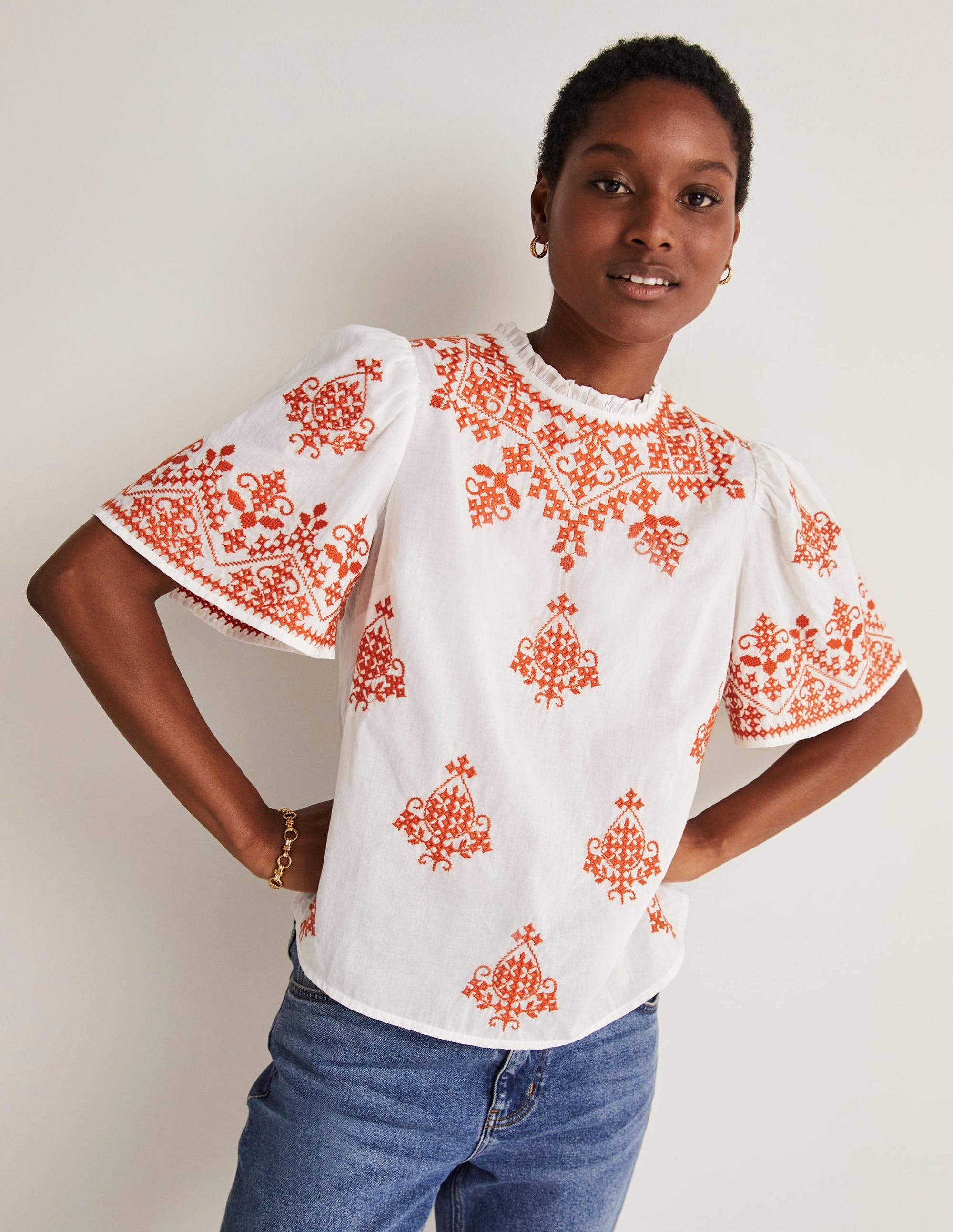 Flutter Sleeve Embroidered Top-Ivory, Firecracker Embroidery - Image 1