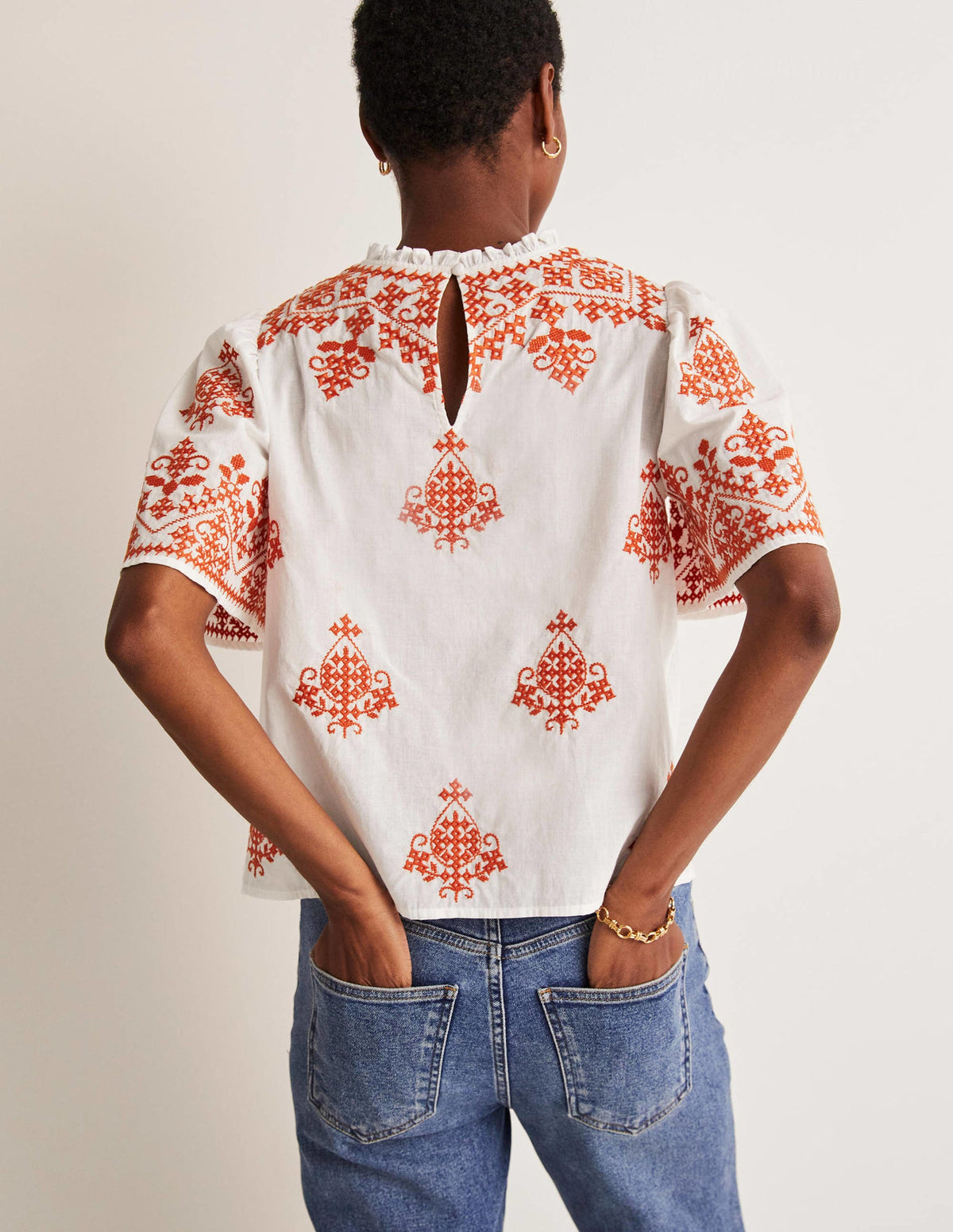 Flutter Sleeve Embroidered Top-Ivory, Firecracker Embroidery - Image 3