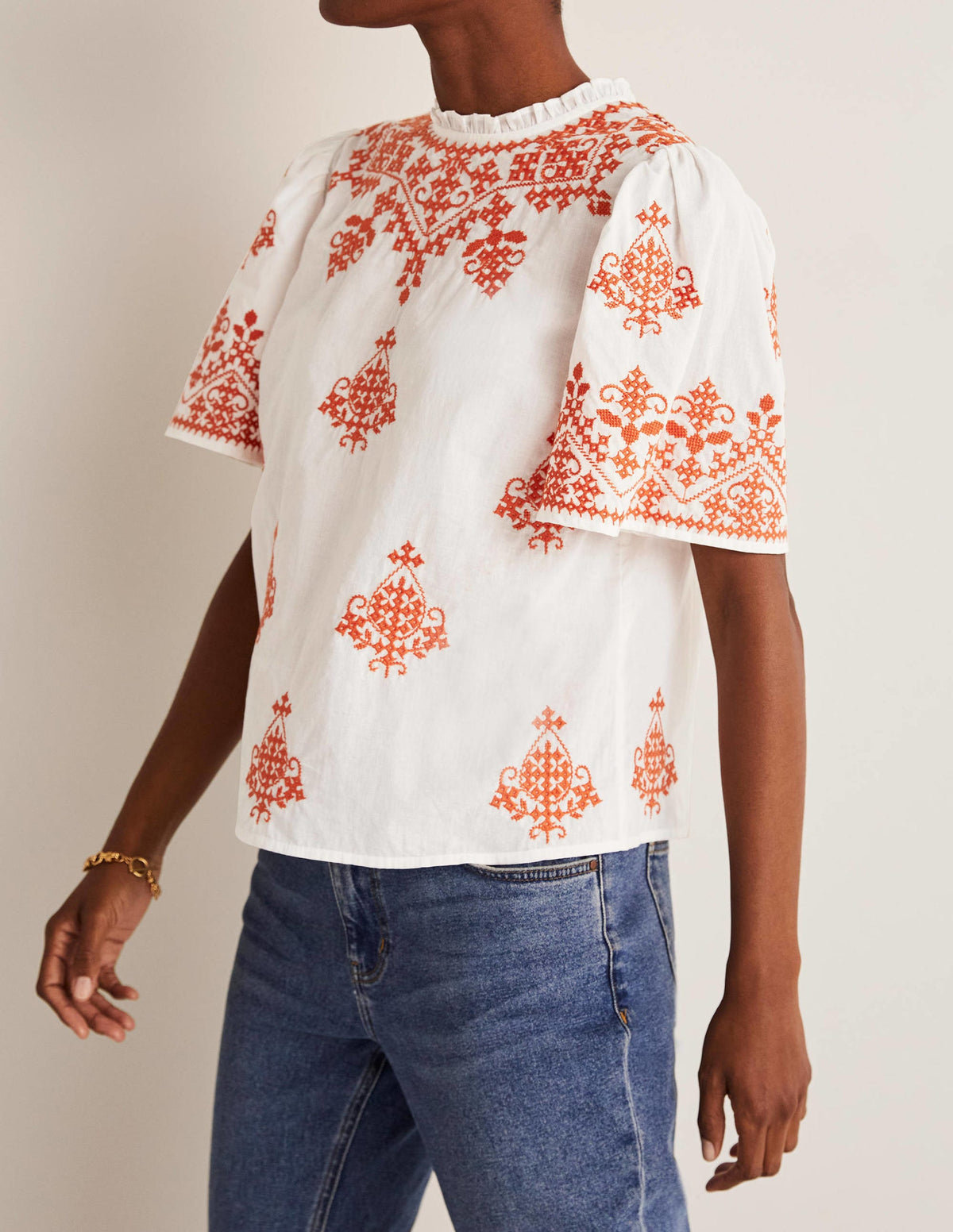 Flutter Sleeve Embroidered Top-Ivory, Firecracker Embroidery - Image 4