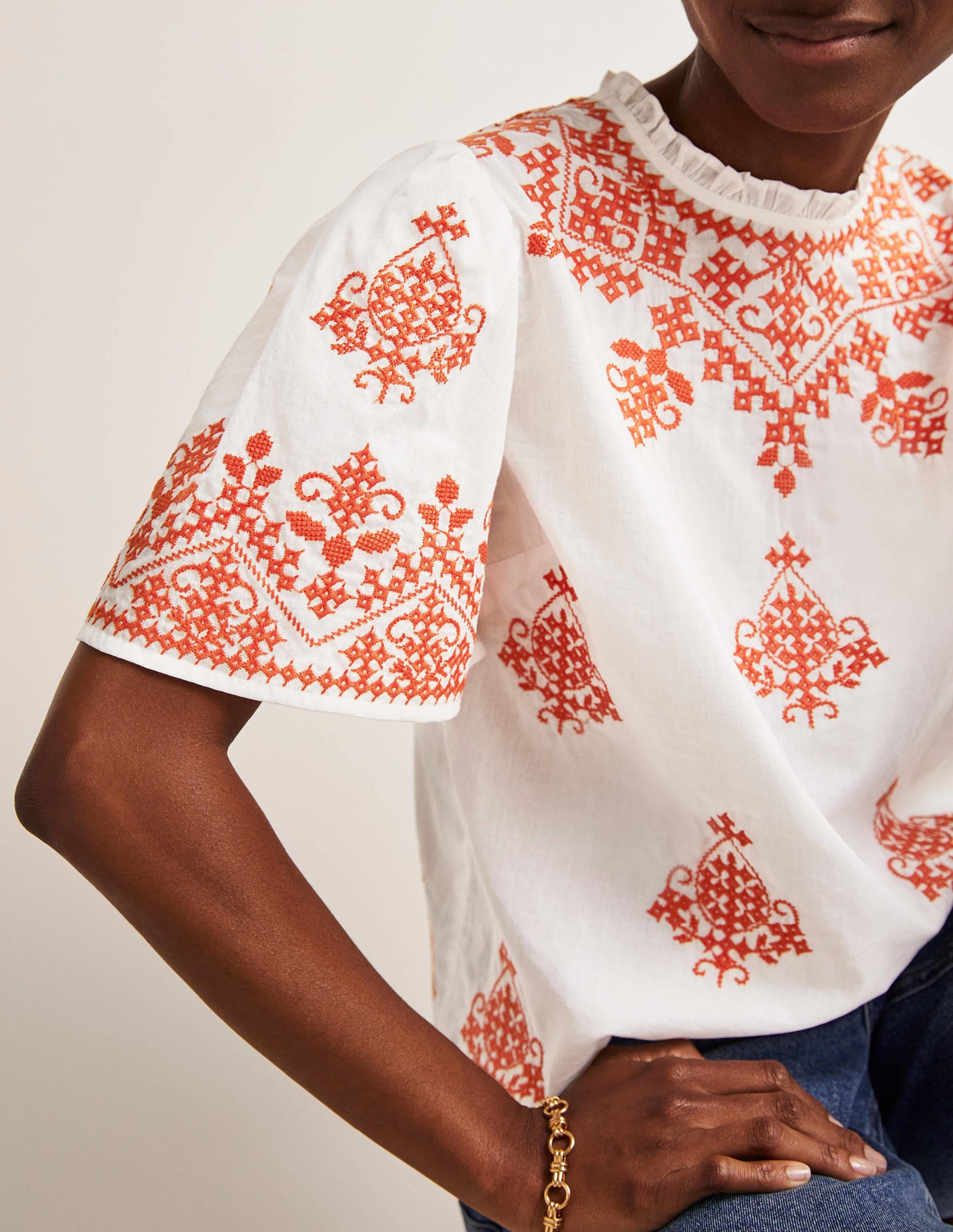 Flutter Sleeve Embroidered Top-Ivory, Firecracker Embroidery - Image 5