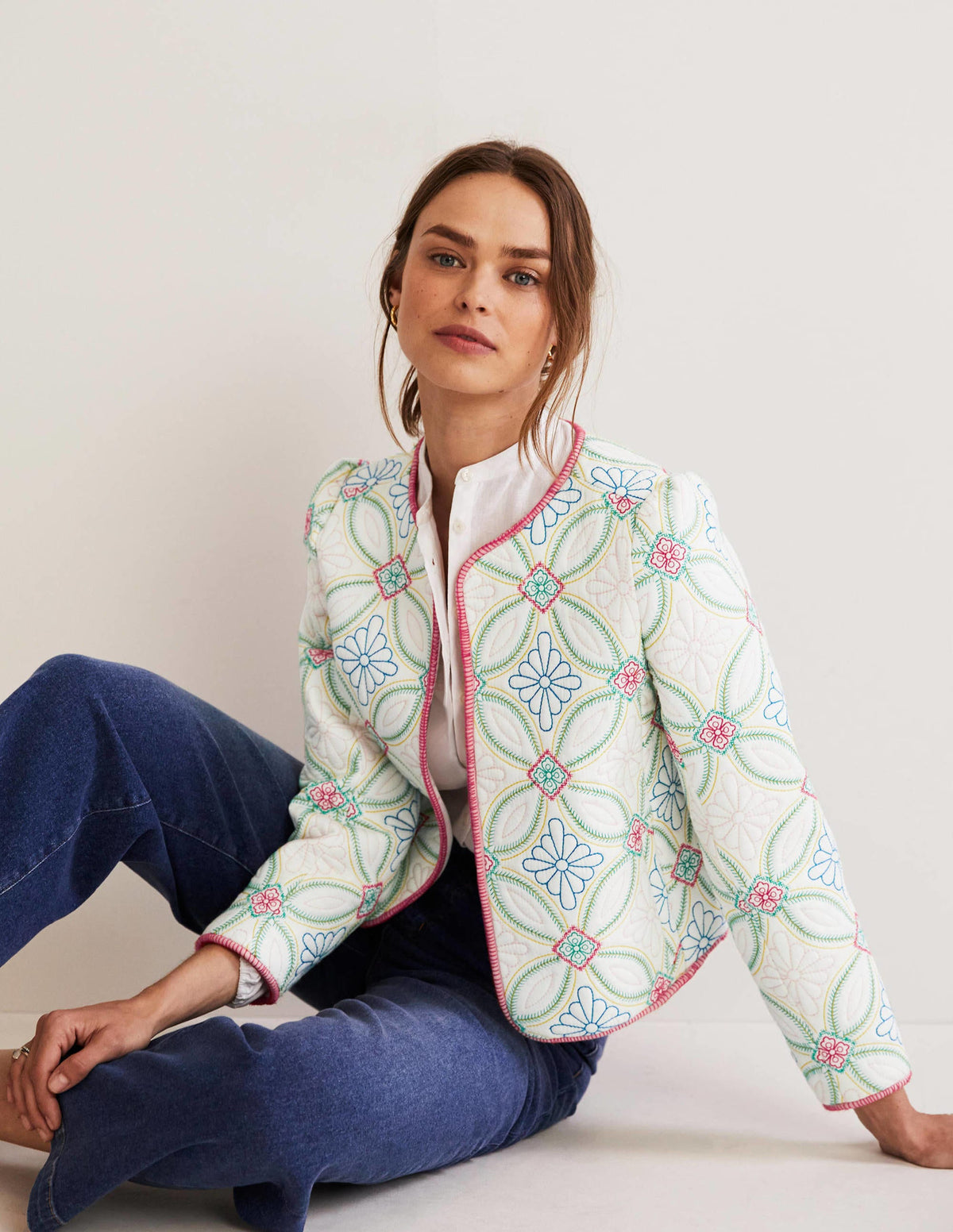 Embroidered Quilted Jacket-Ivory, Multi Quilting-1