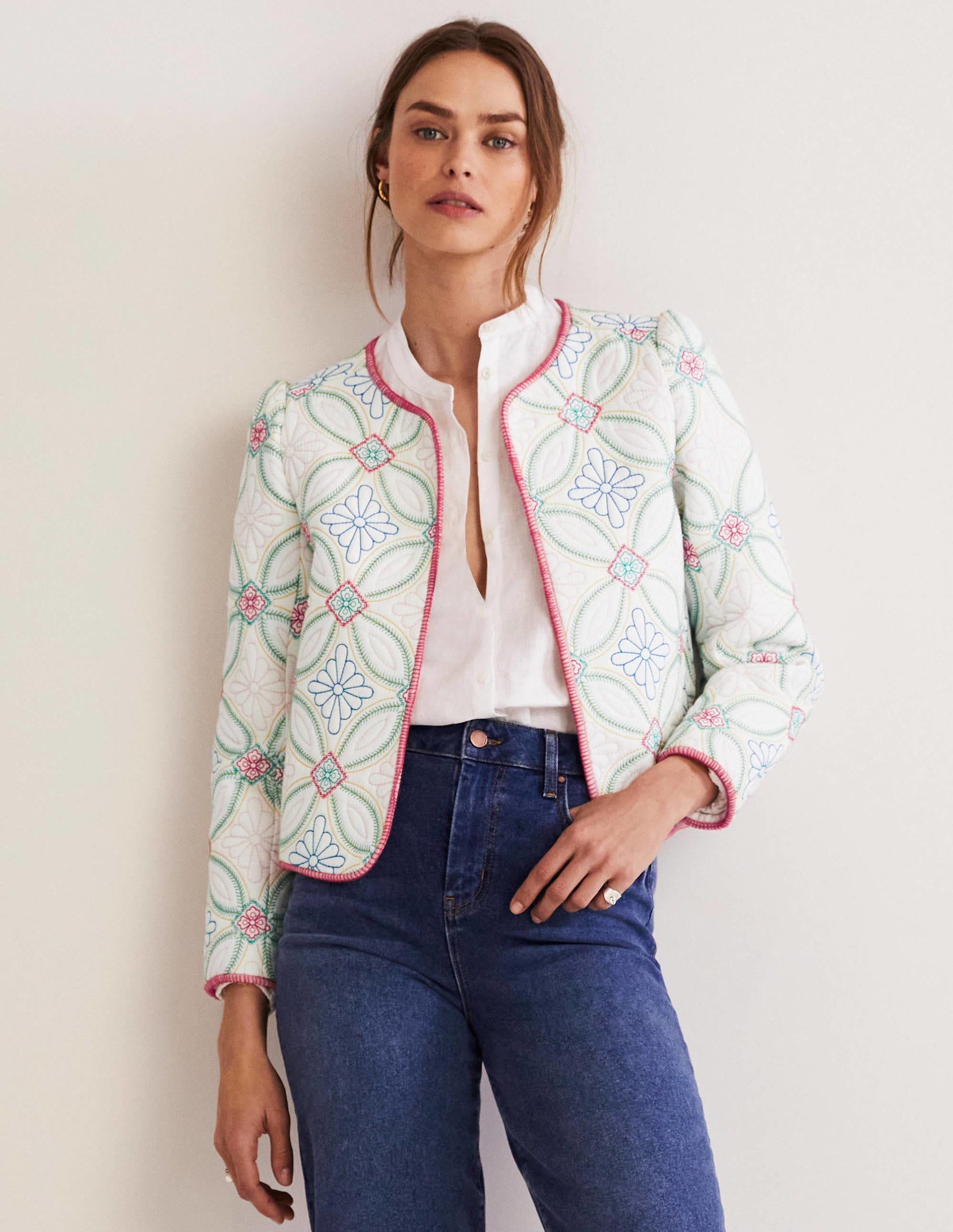 Embroidered Quilted Jacket-Ivory, Multi Quilting - Image 3