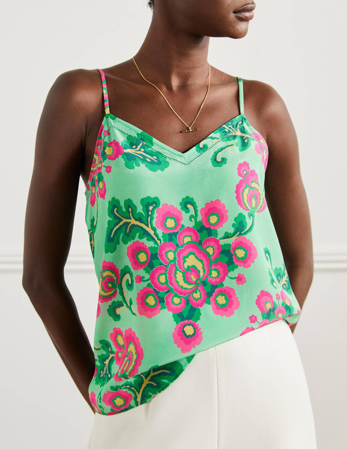Silk Cami Top-Green Lagoon, Wild Blooms-1