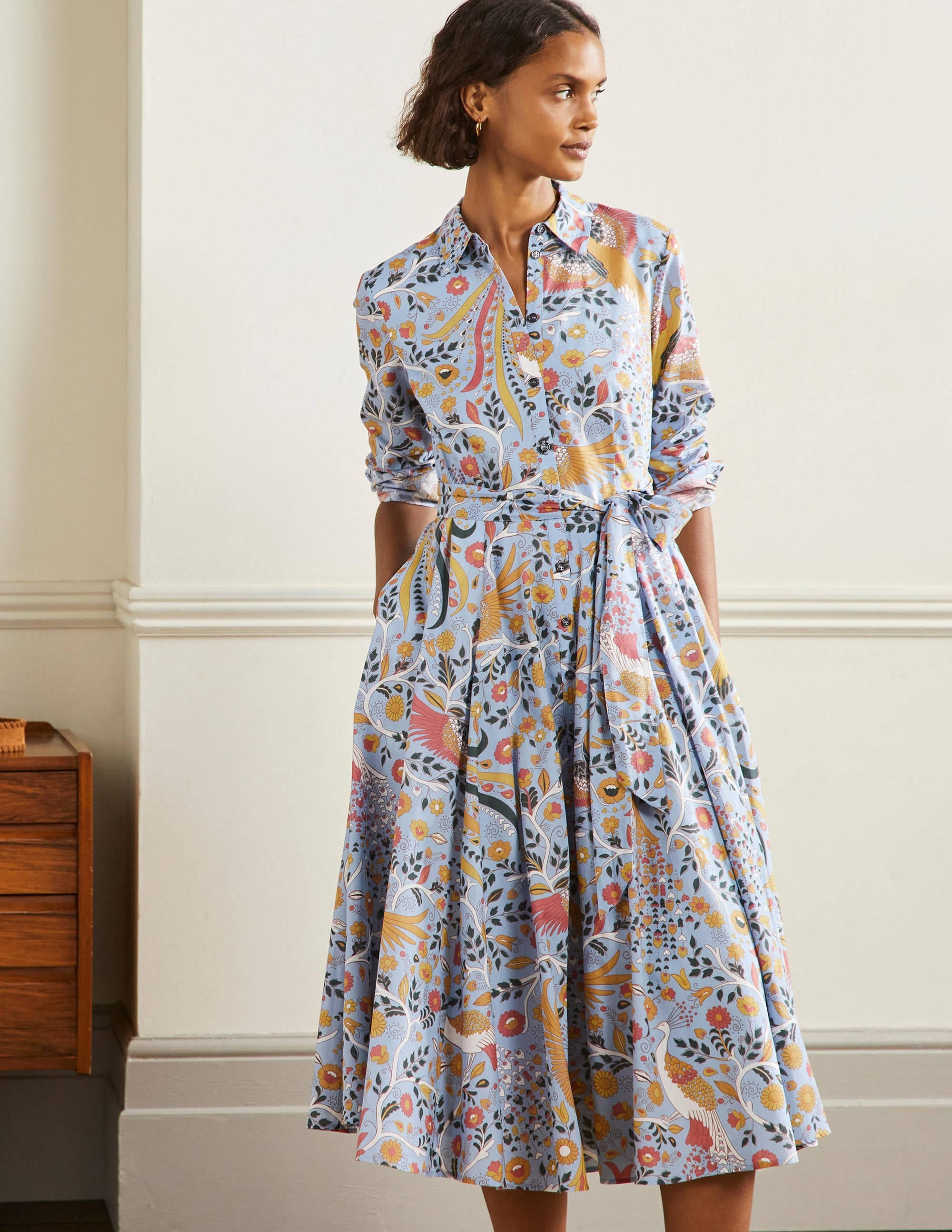 Kitty Midi Shirt Dress-Dusty Blue, Enchanting Peacock - Image 1