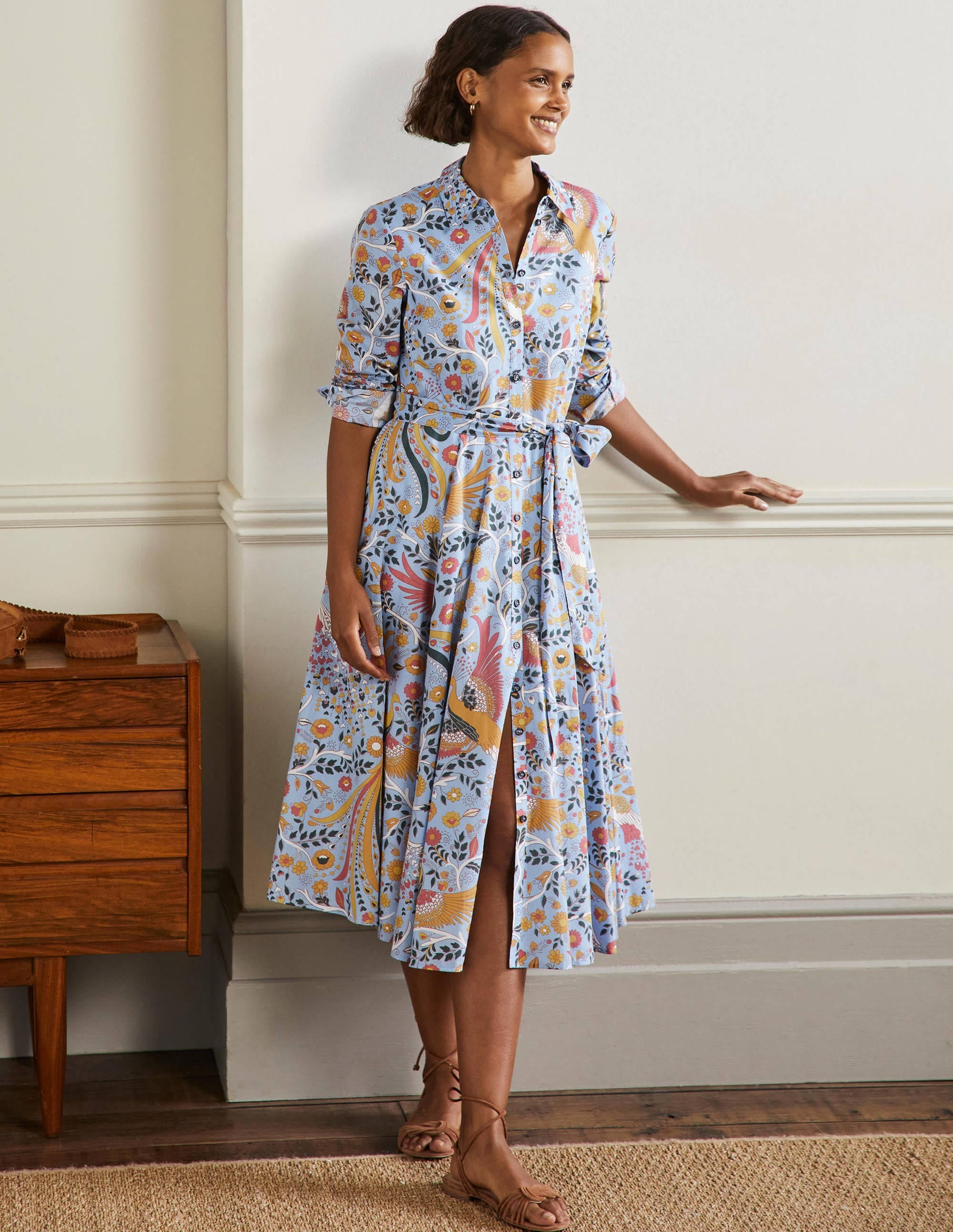 Kitty Midi Shirt Dress-Dusty Blue, Enchanting Peacock - Image 4