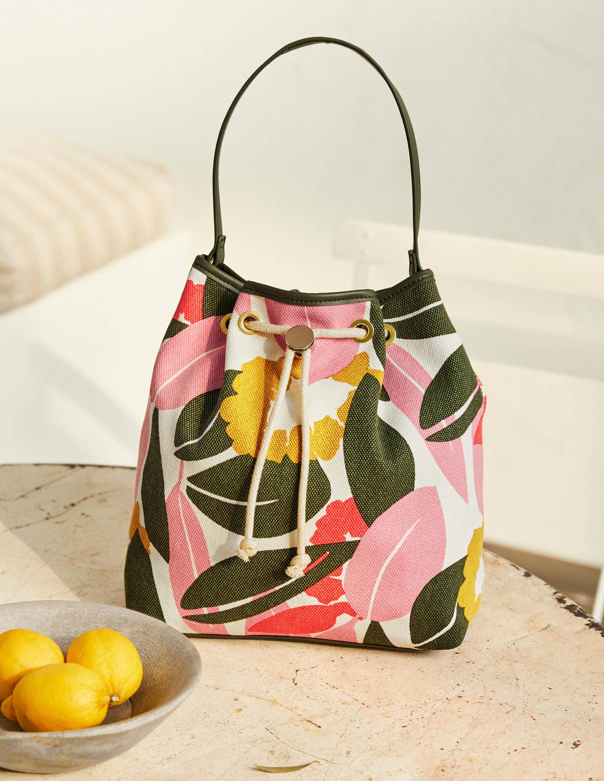Canvas Drawstring Bucket Bag-Ivory, Abstract Bloom-1