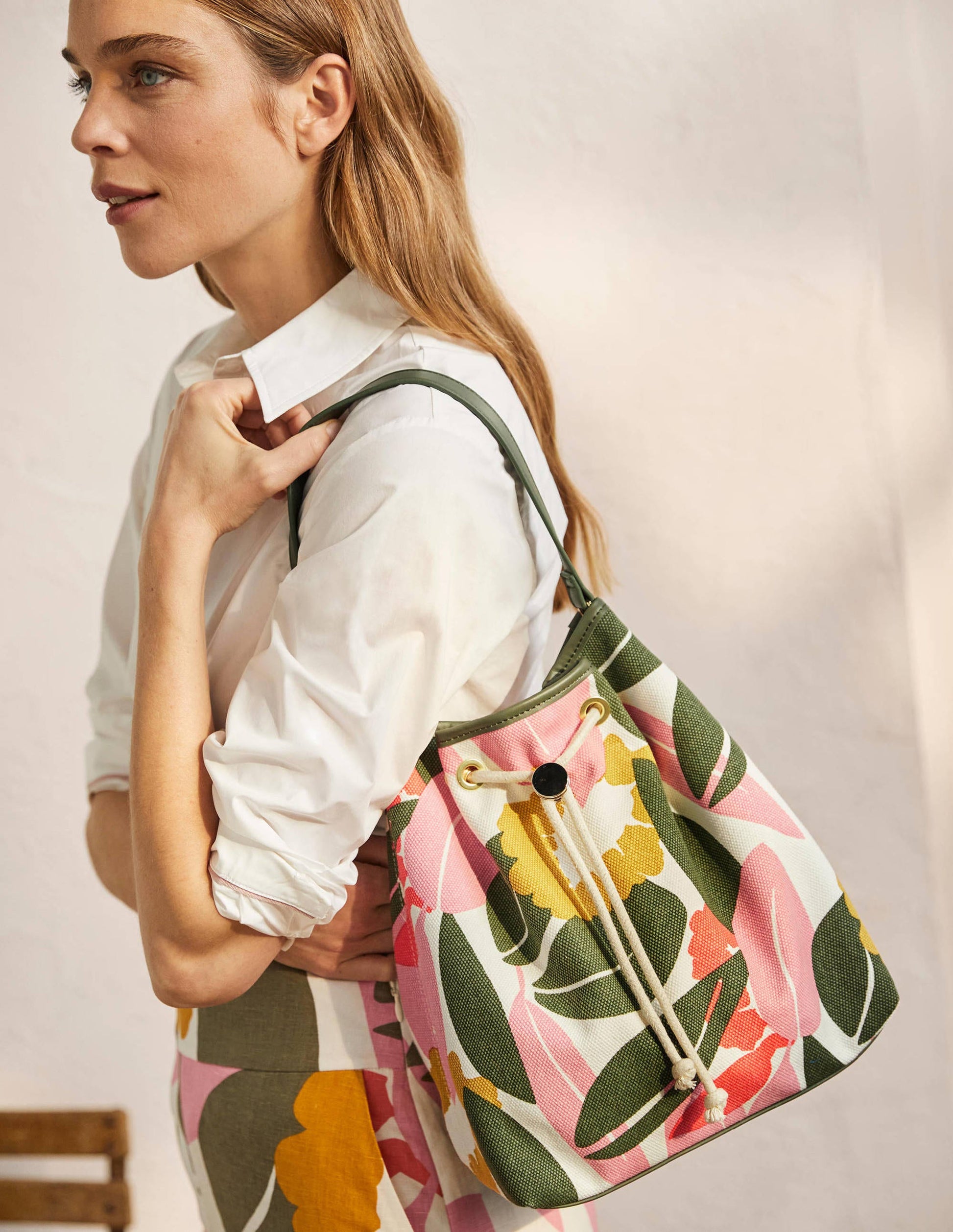 Canvas Drawstring Bucket Bag-Ivory, Abstract Bloom-2