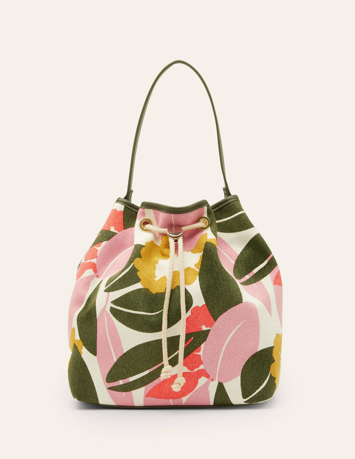 Canvas Drawstring Bucket Bag-Ivory, Abstract Bloom - Image 3