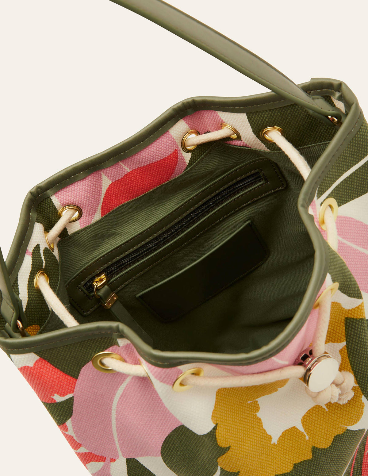 Canvas Drawstring Bucket Bag-Ivory, Abstract Bloom-4