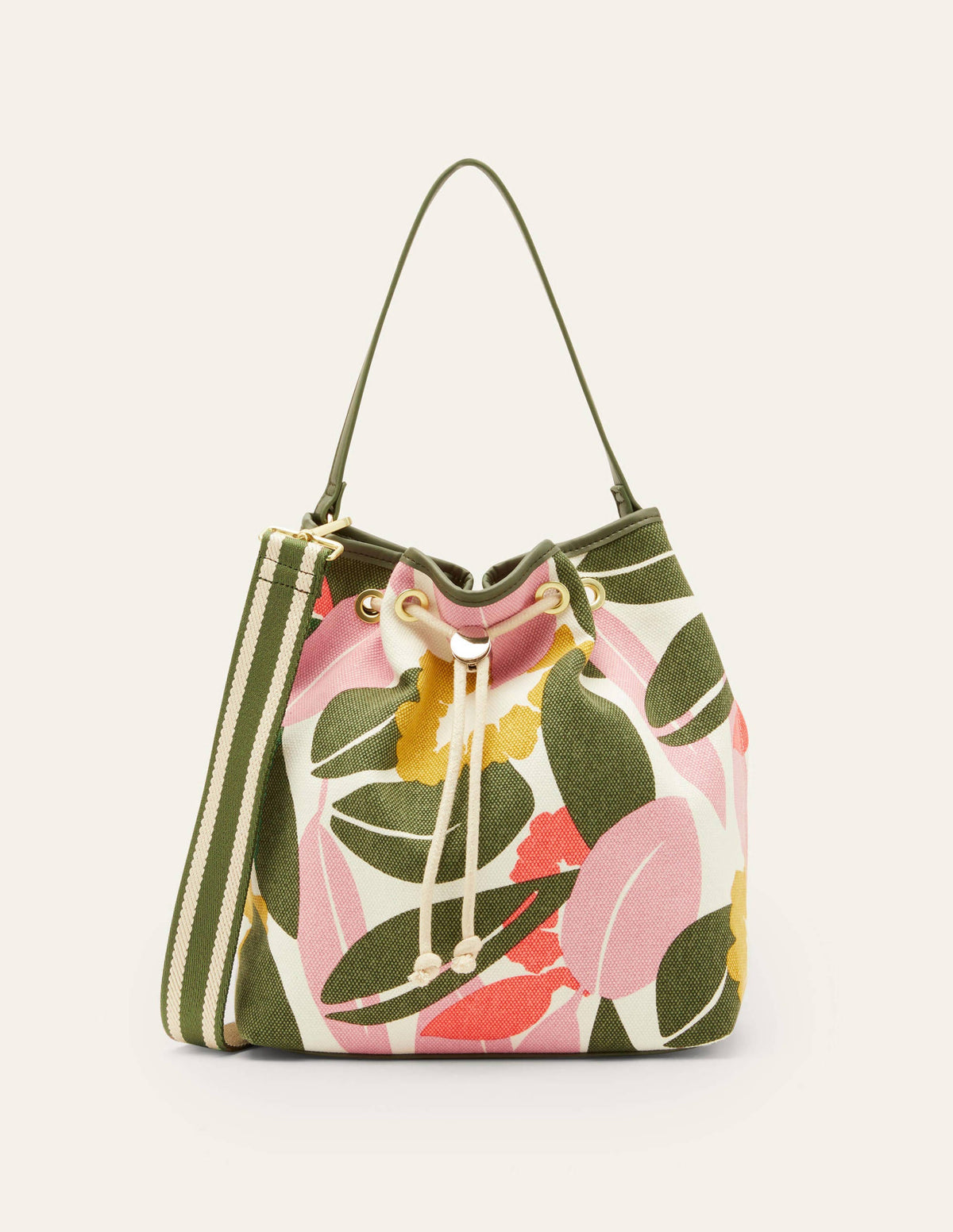 Canvas Drawstring Bucket Bag-Ivory, Abstract Bloom-5
