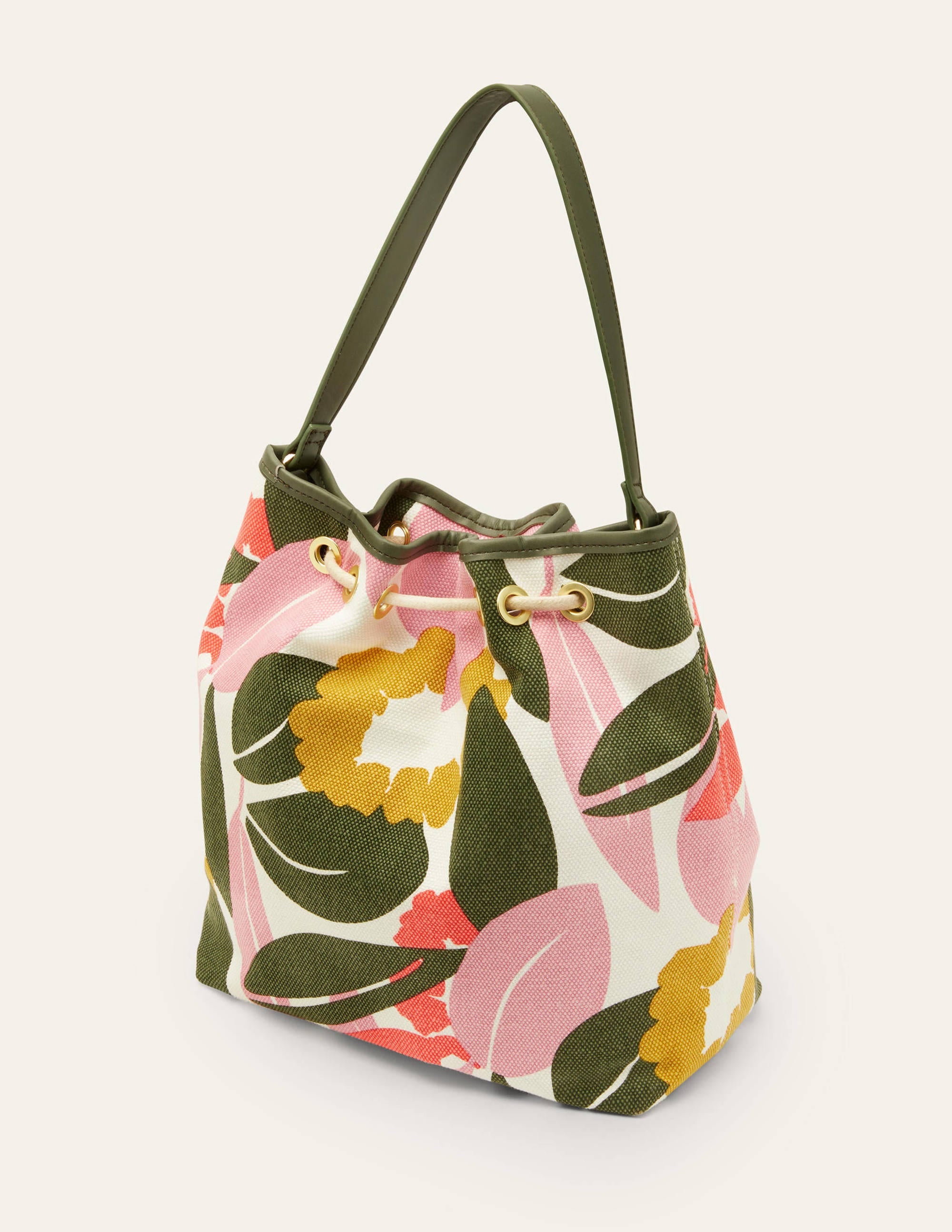 Canvas Drawstring Bucket Bag-Ivory, Abstract Bloom - Image 6