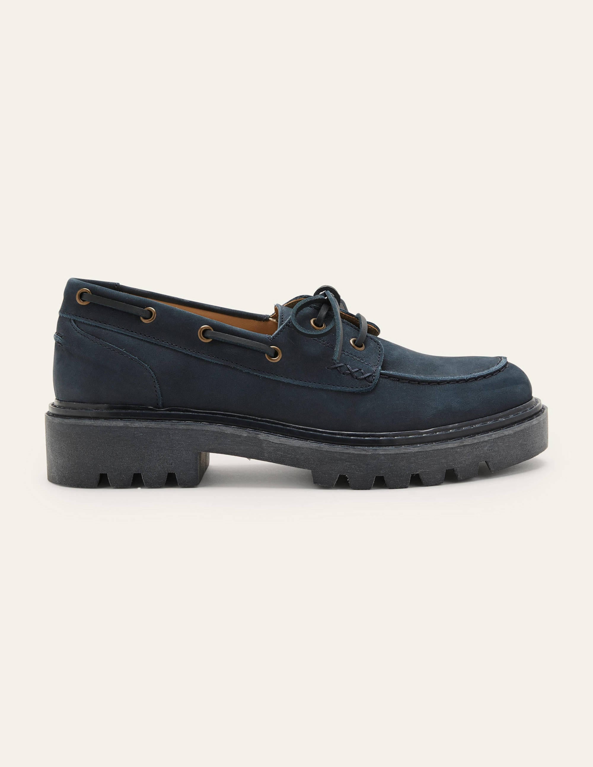 Chunky Sole Leather Deck Shoes-Navy - Image 2