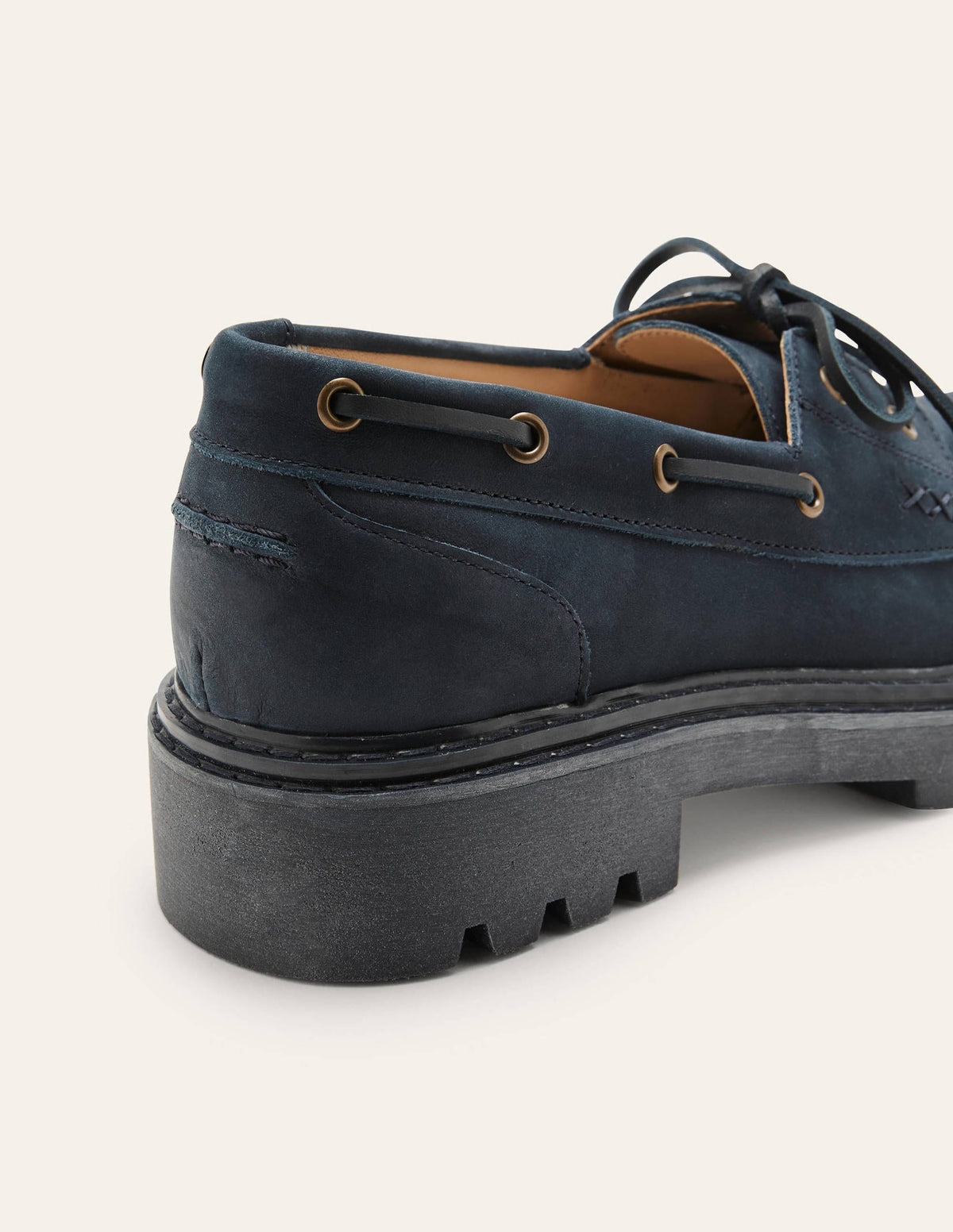 Chunky Sole Leather Deck Shoes-Navy-3