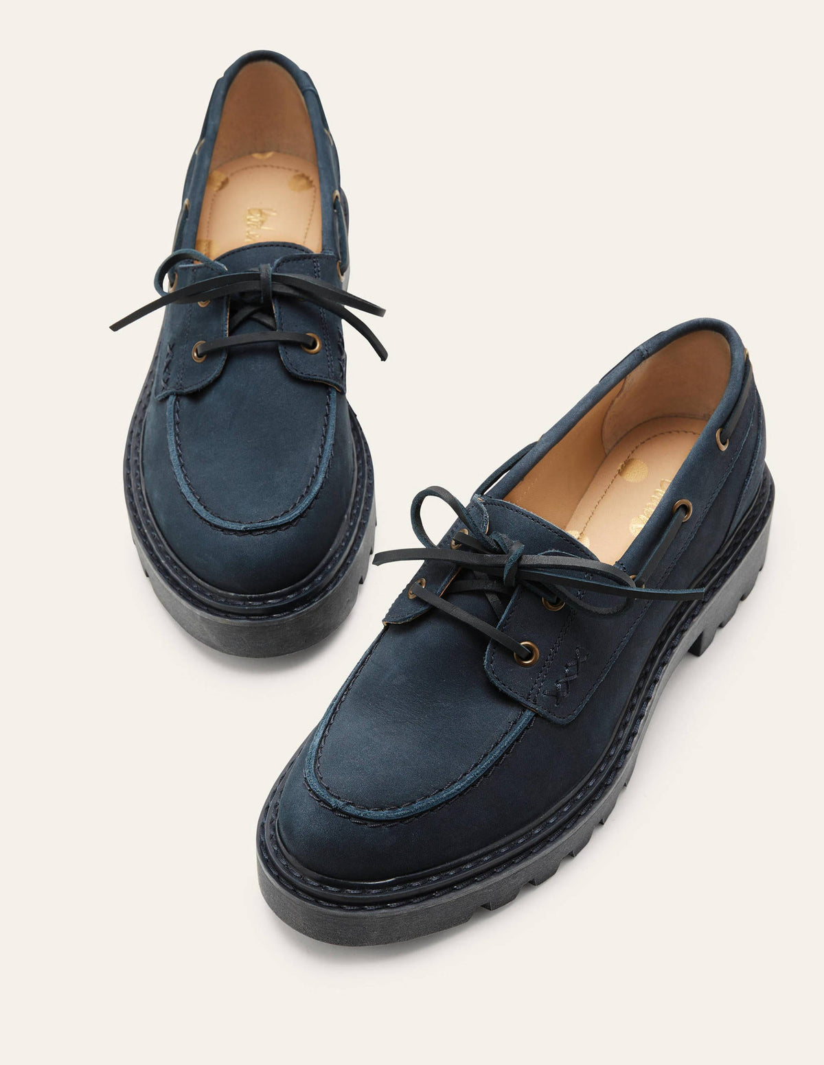 Chunky Sole Leather Deck Shoes-Navy - Image 1