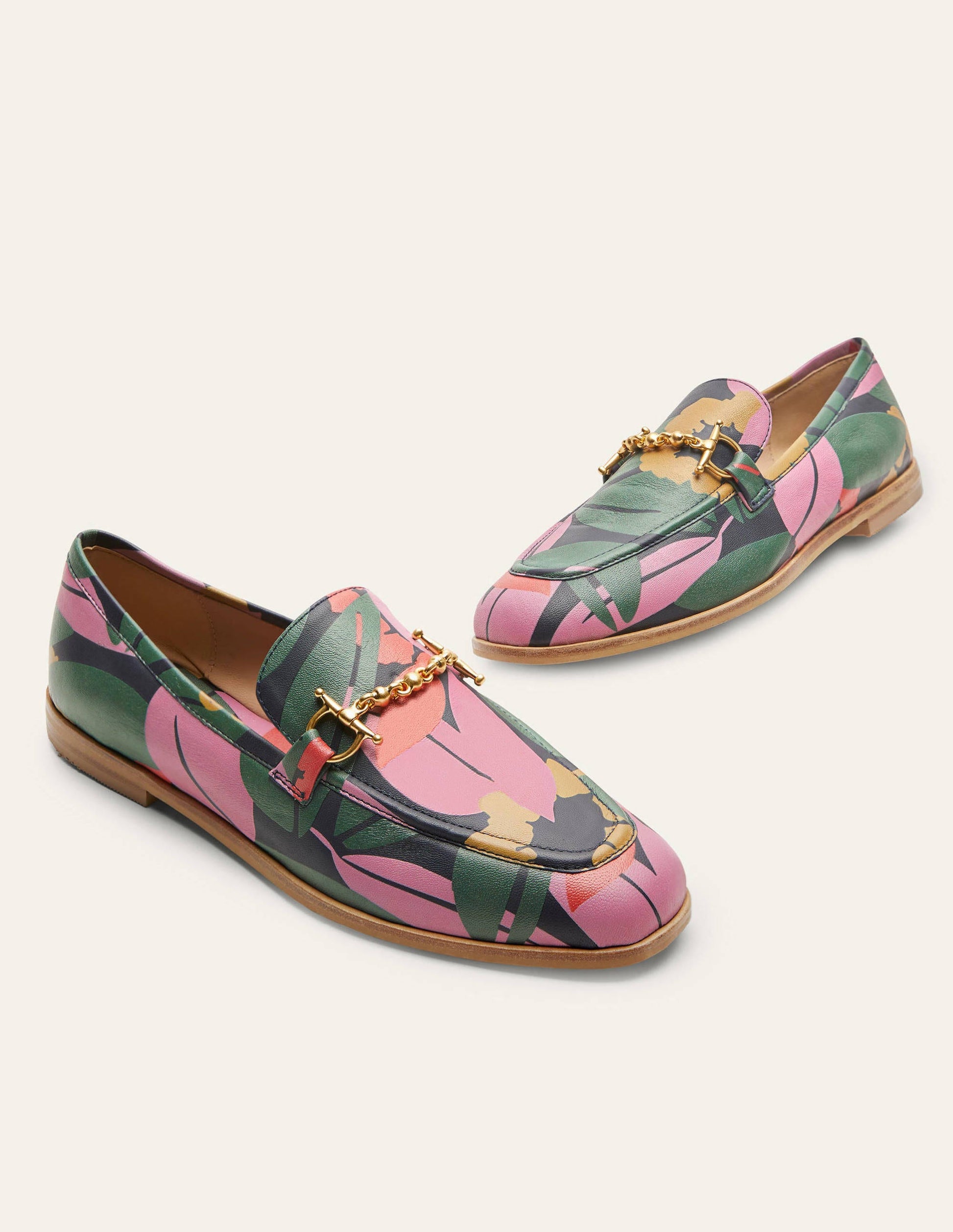 Snaffle Detail Leather Loafers-Navy, Abstract Bloom-3