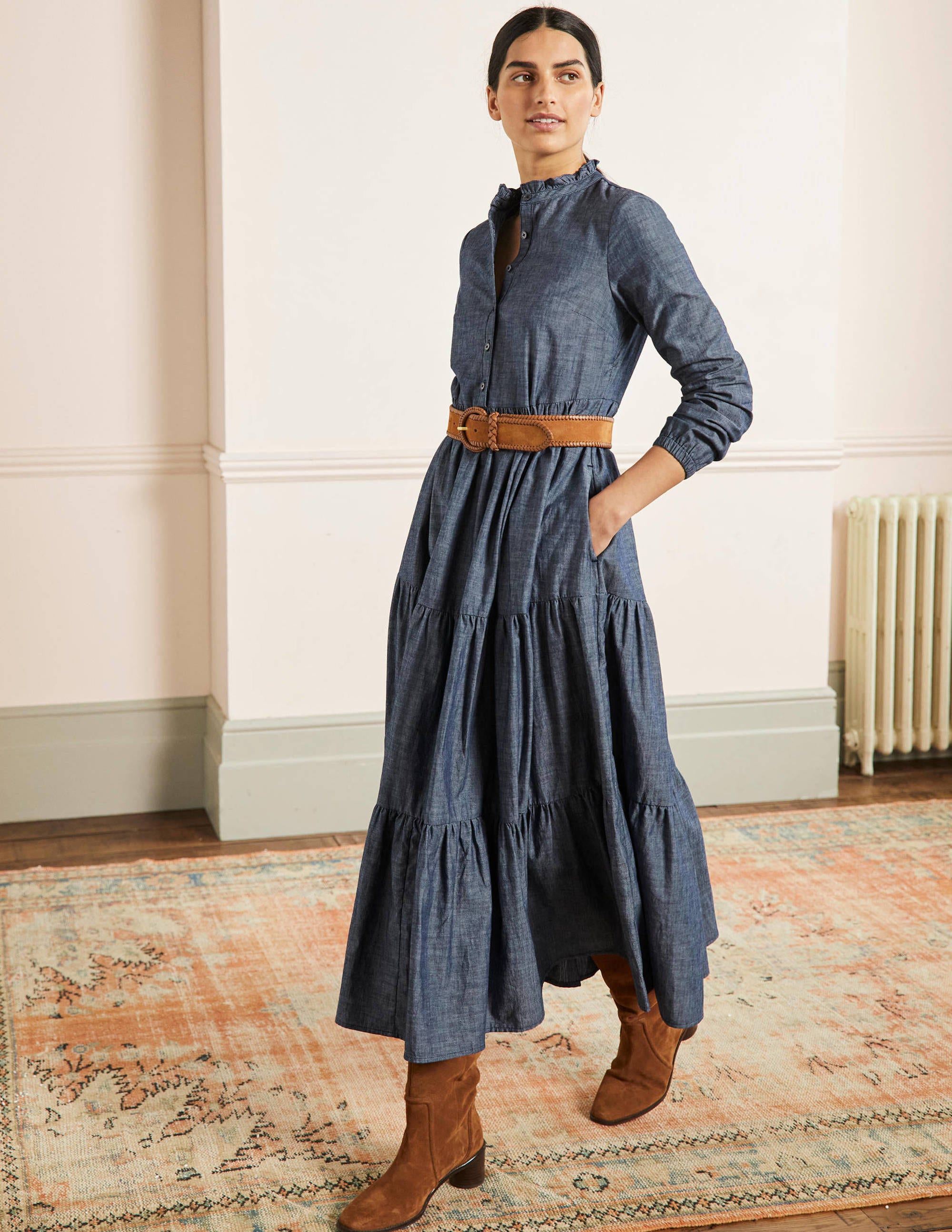 Tiered Maxi Shirt Dress-Denim - Image 1