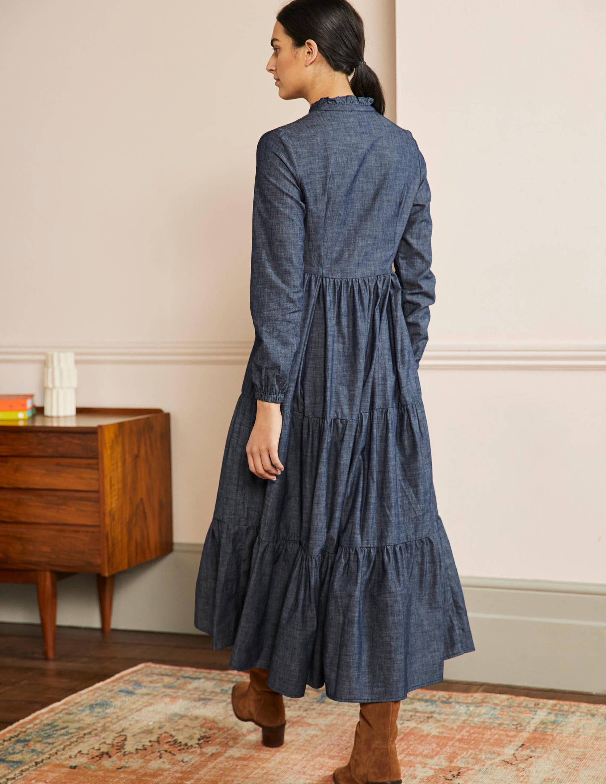 Tiered Maxi Shirt Dress-Denim - Image 3