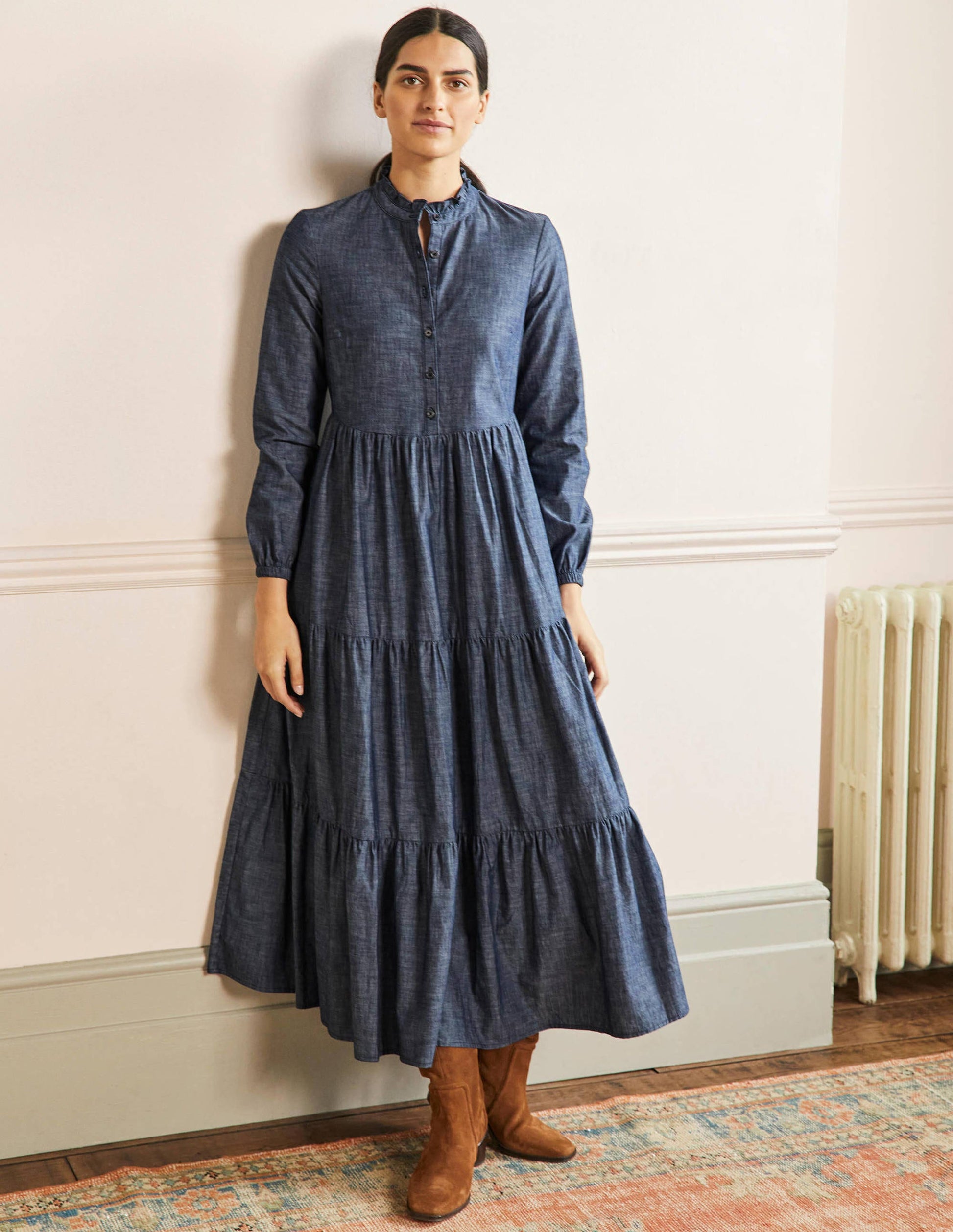 Tiered Maxi Shirt Dress-Denim-4