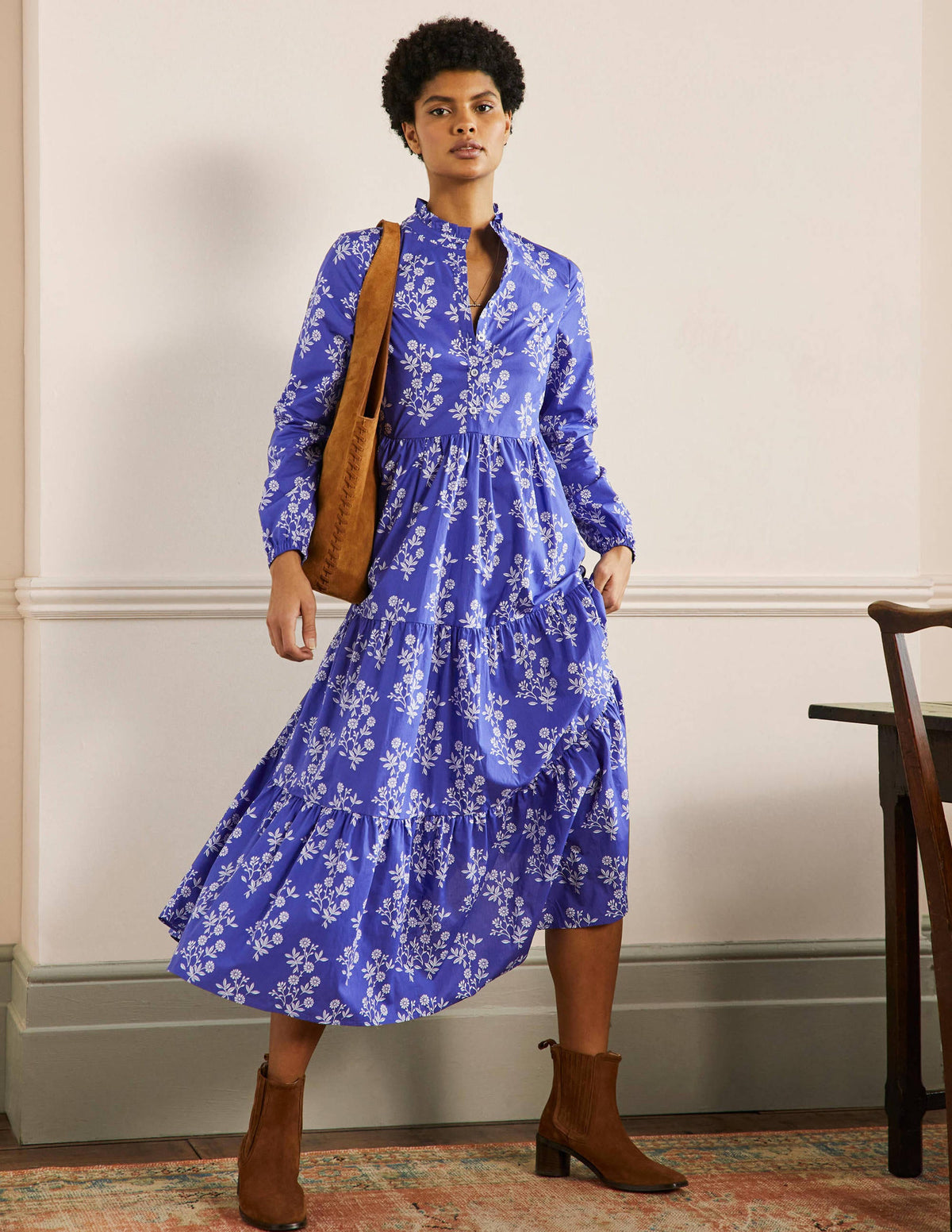 Tiered Maxi Shirt Dress-Atlantic Ocean, Leafy Cluster - Image 1