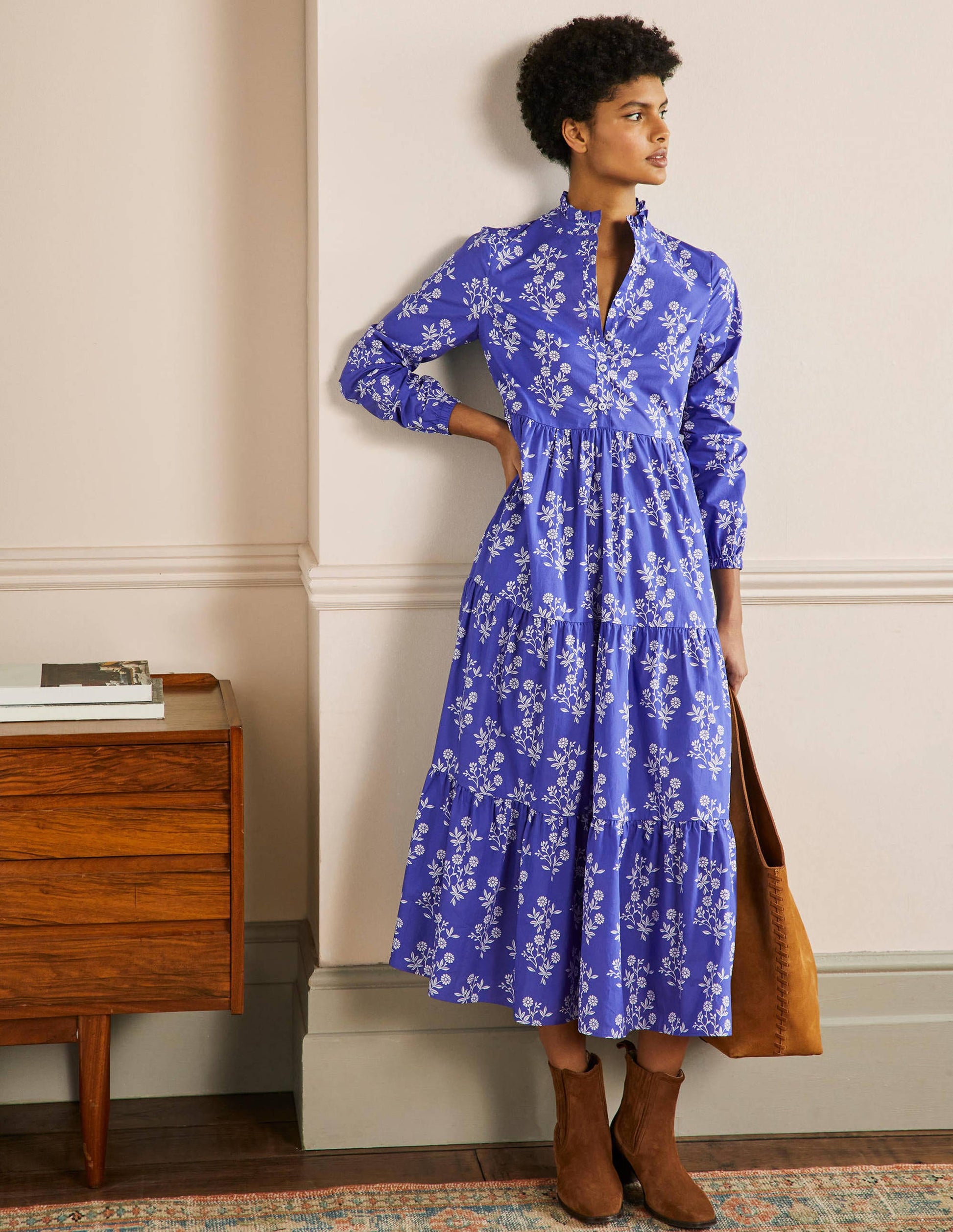 Tiered Maxi Shirt Dress-Atlantic Ocean, Leafy Cluster-4