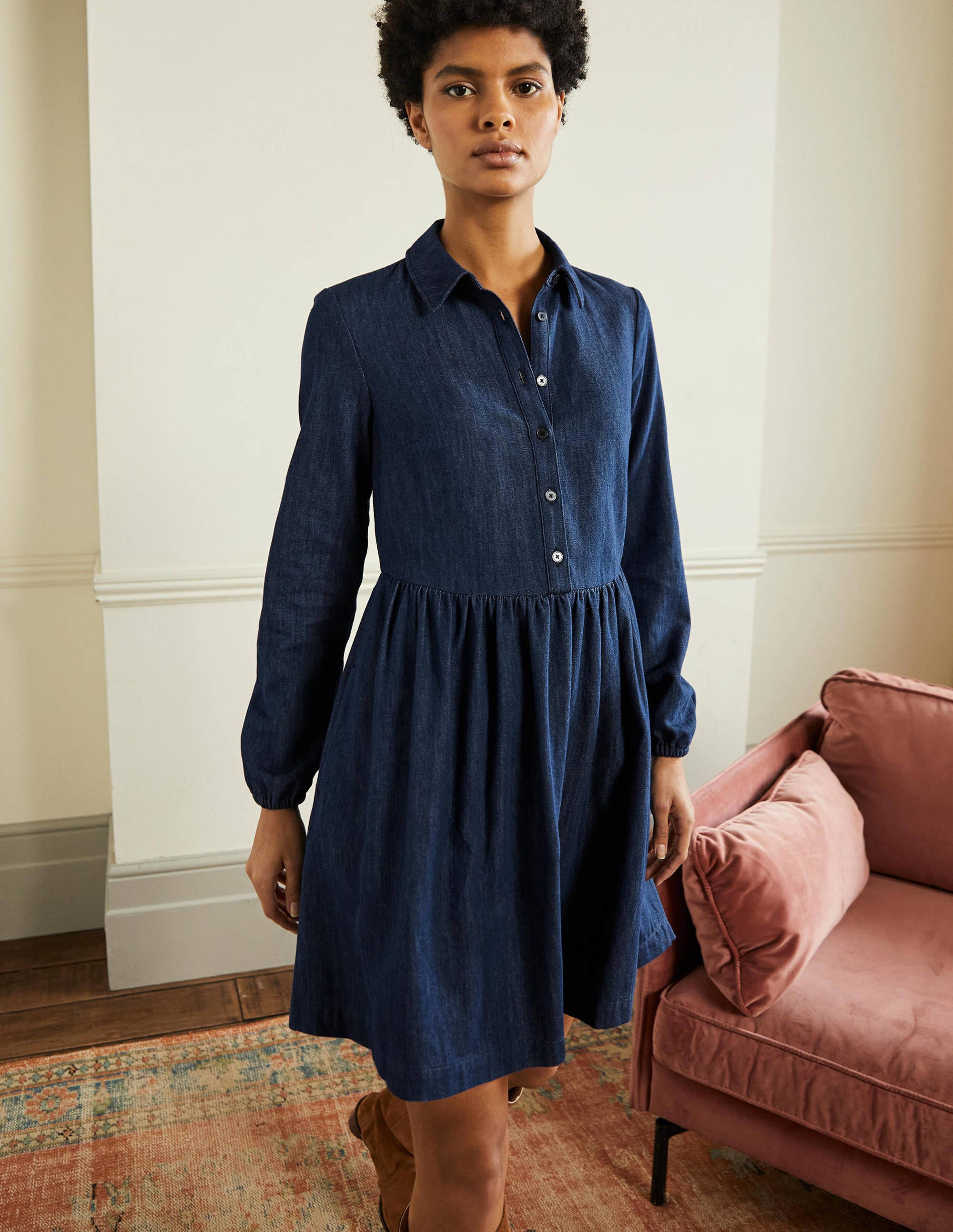 Denim Mini Shirt Dress-Denim - Image 1