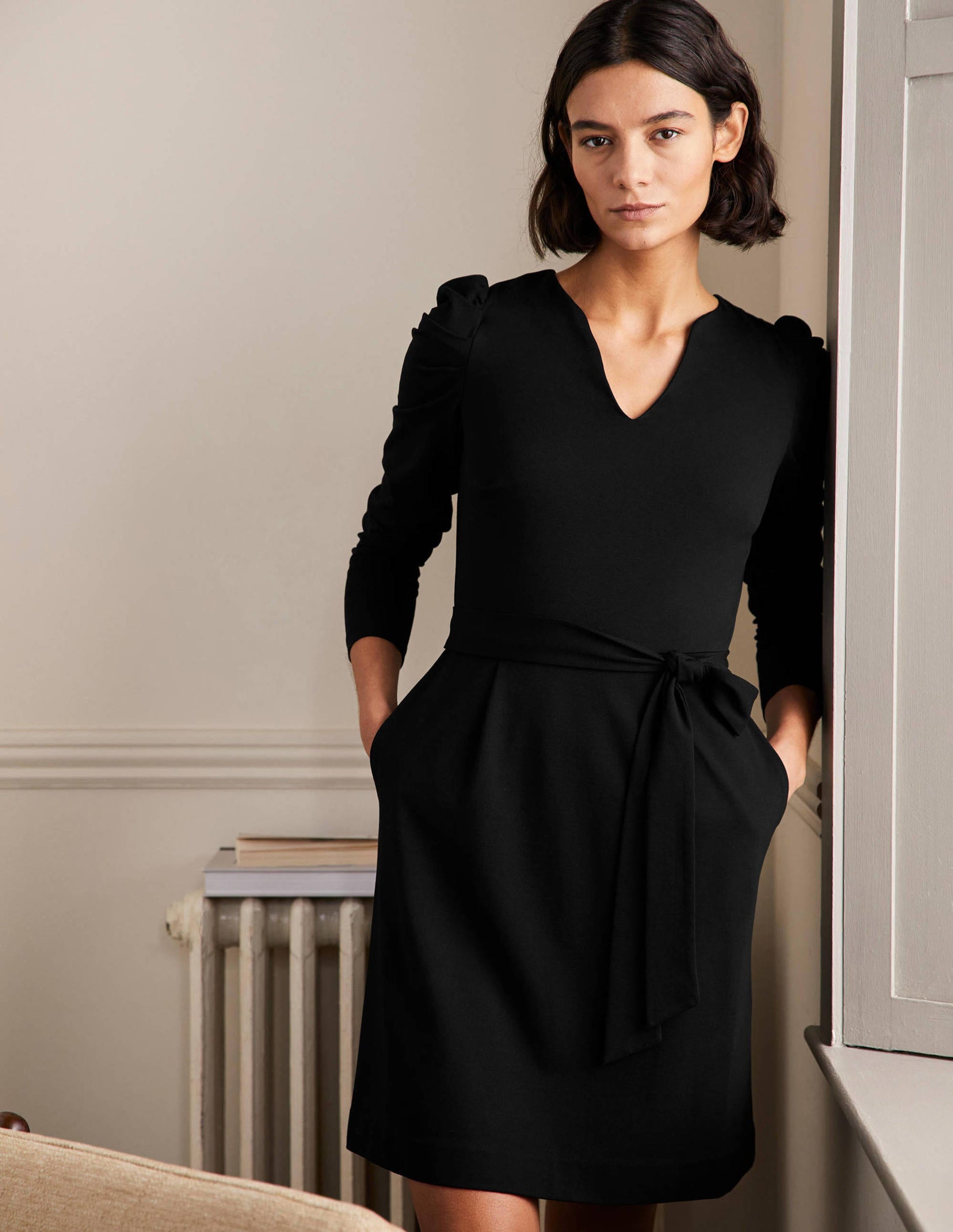 Puff Sleeve Jersey Dress-Black-4