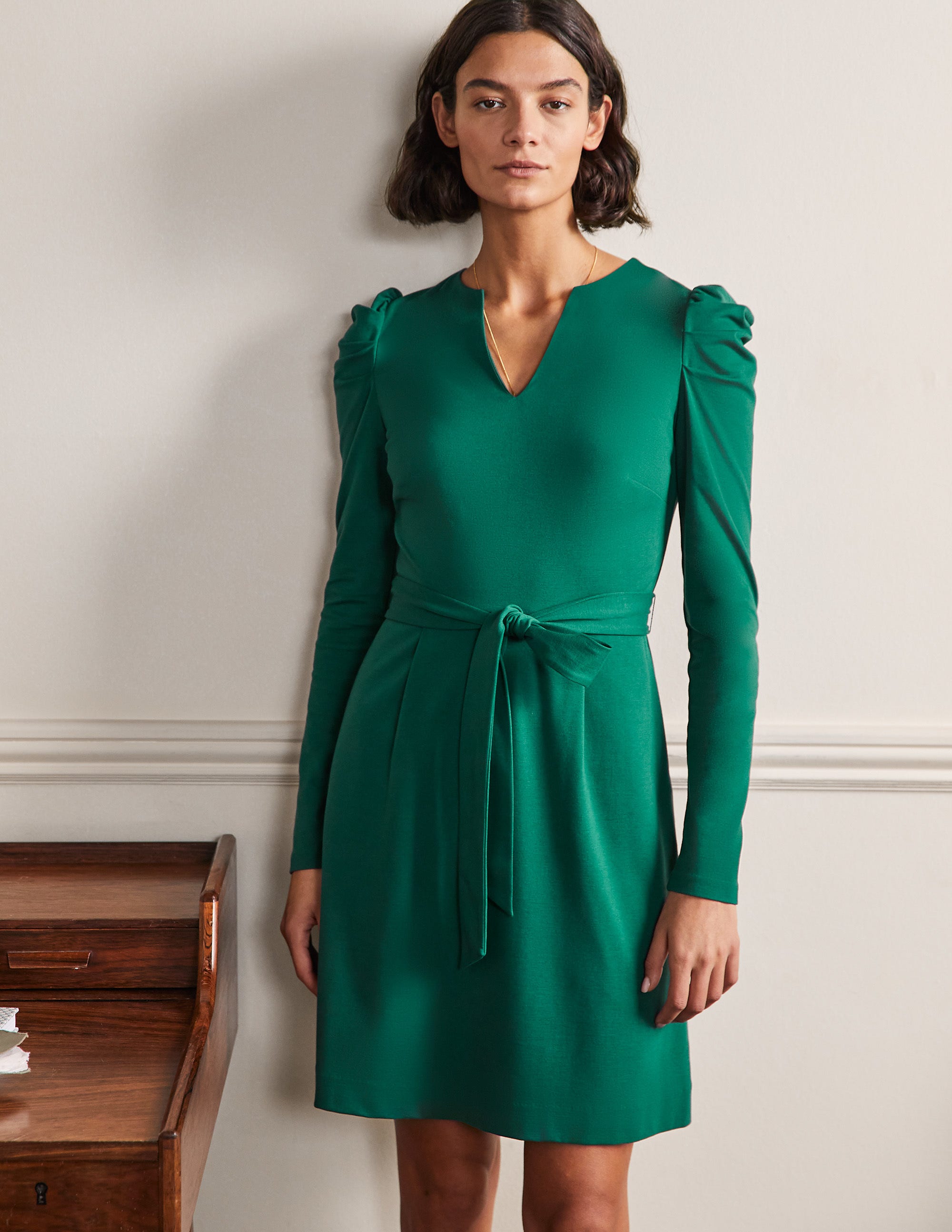 Puff Sleeve Jersey Dress-Deep Forest - Image 1