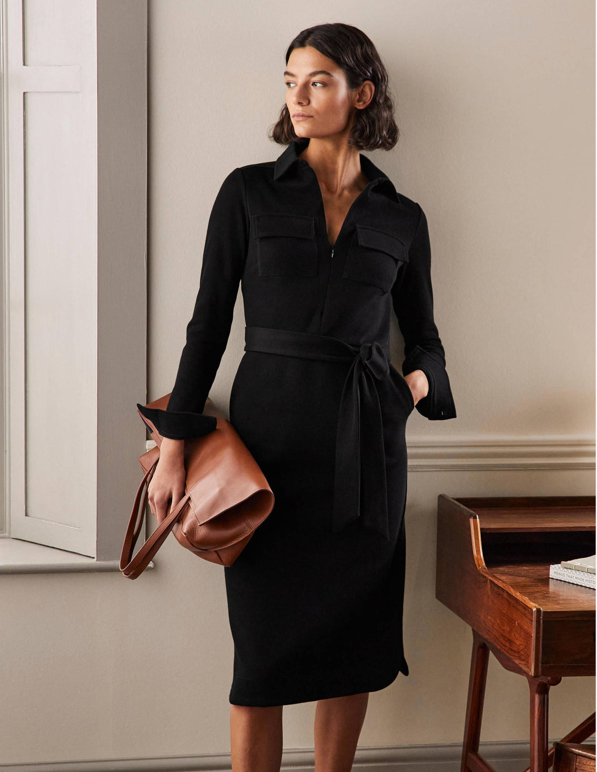 Jersey Midi Shirt Dress-Black-1