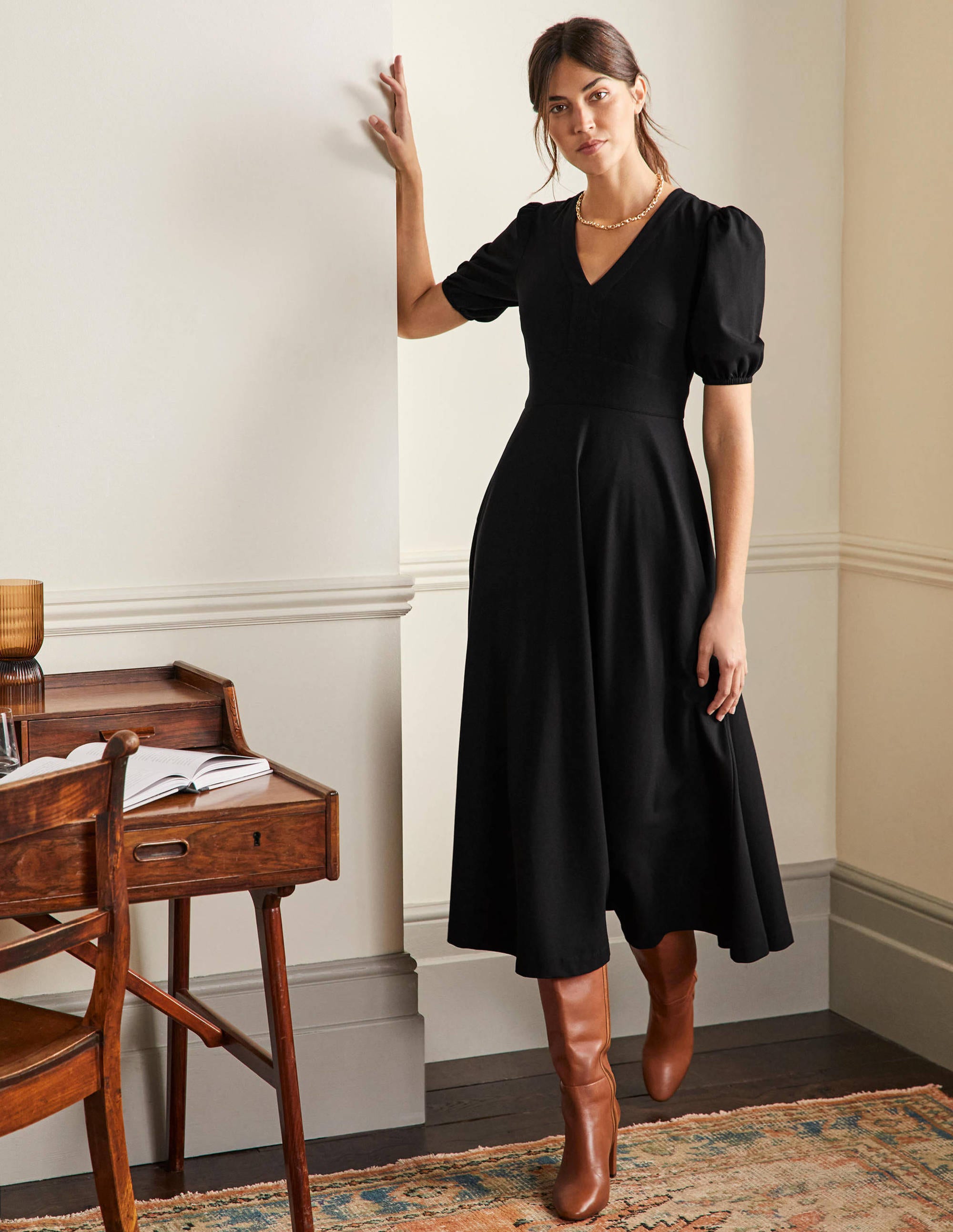 V-Neck Jersey Midi Dress-Black - Image 1