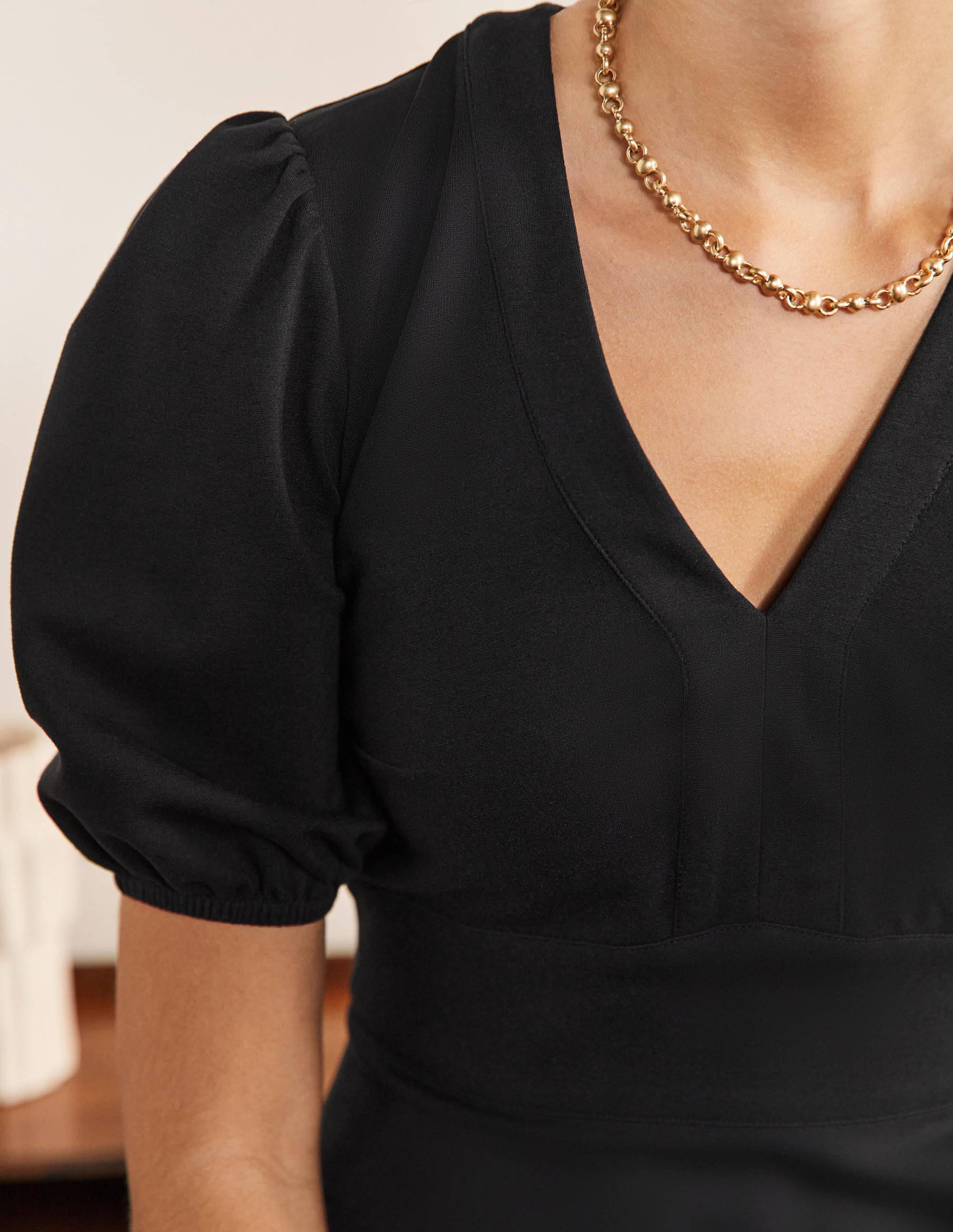 V-Neck Jersey Midi Dress-Black - Image 2