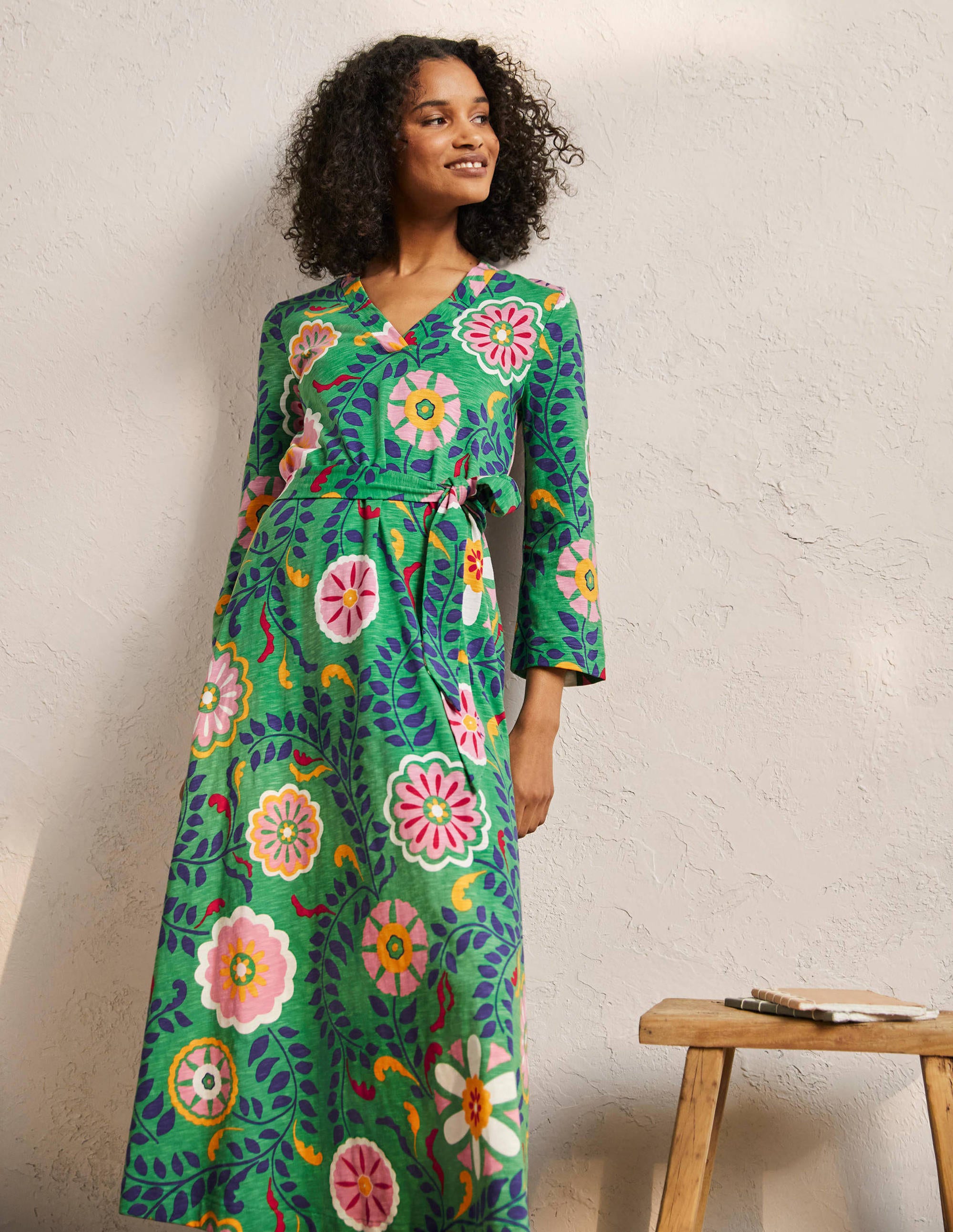 Jersey Kaftan Midi Dress-English Ivy, Opulent Garden - Image 1
