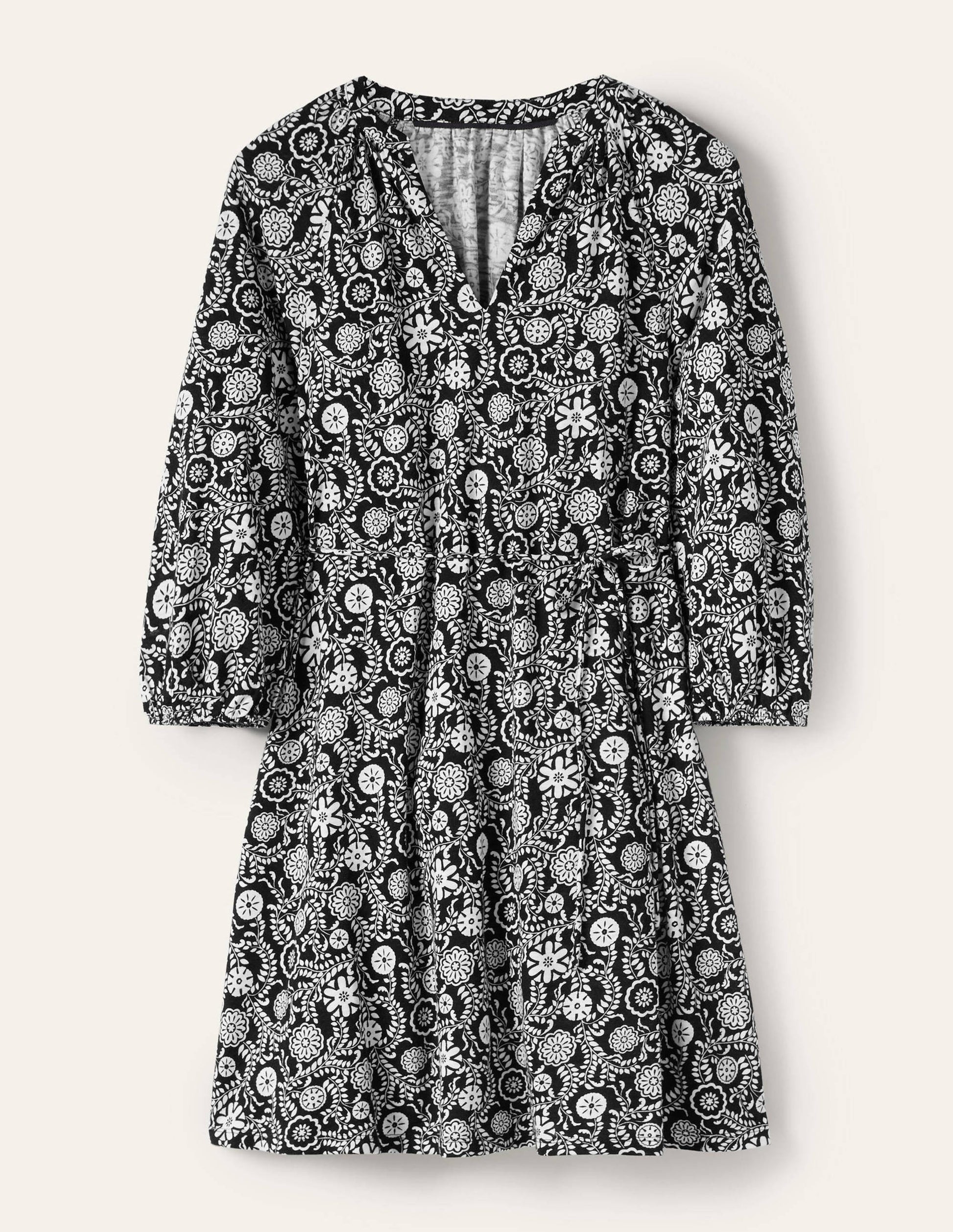 Notch Neck Jersey Mini Dress-Black, Opulent Garden-5