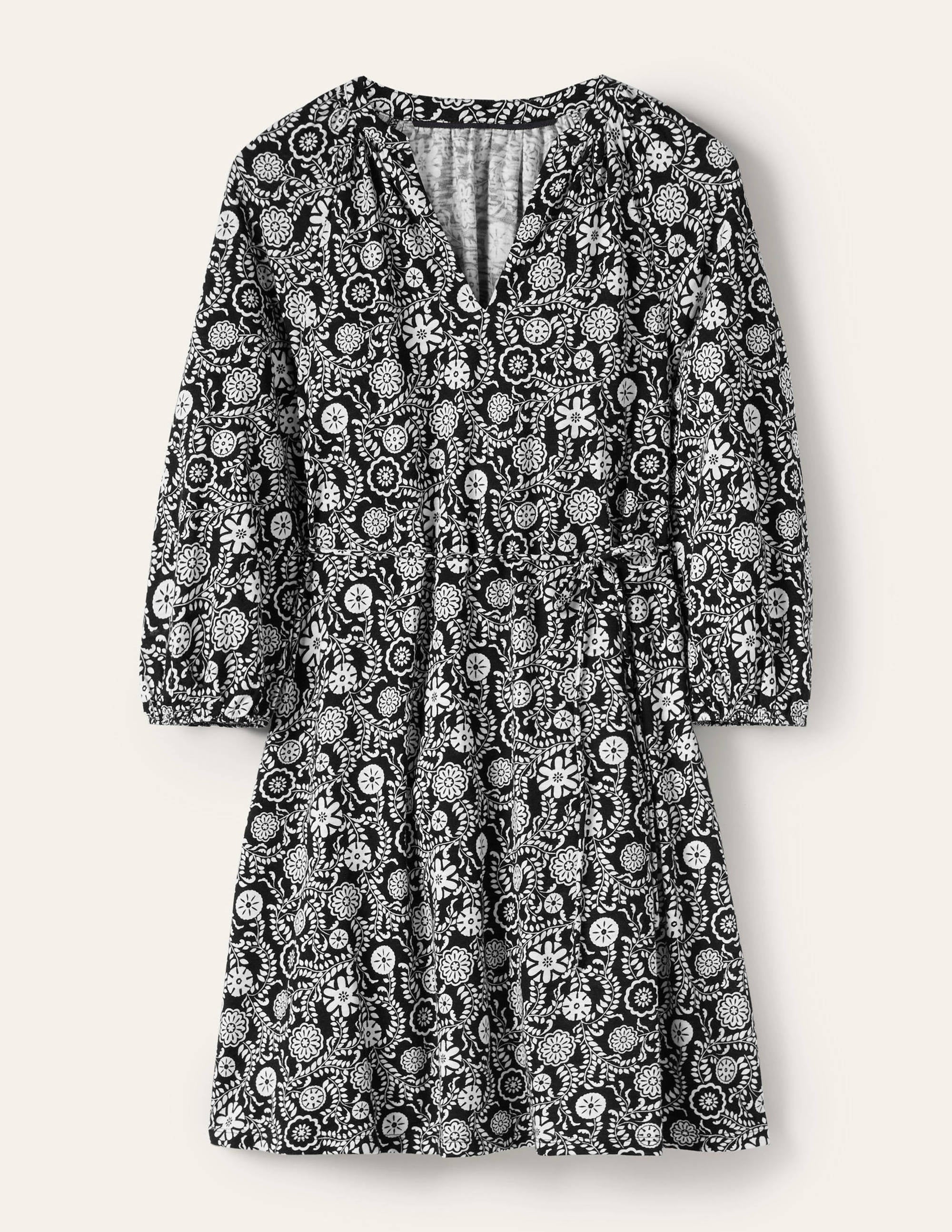 Notch Neck Jersey Mini Dress-Black, Opulent Garden - Image 5