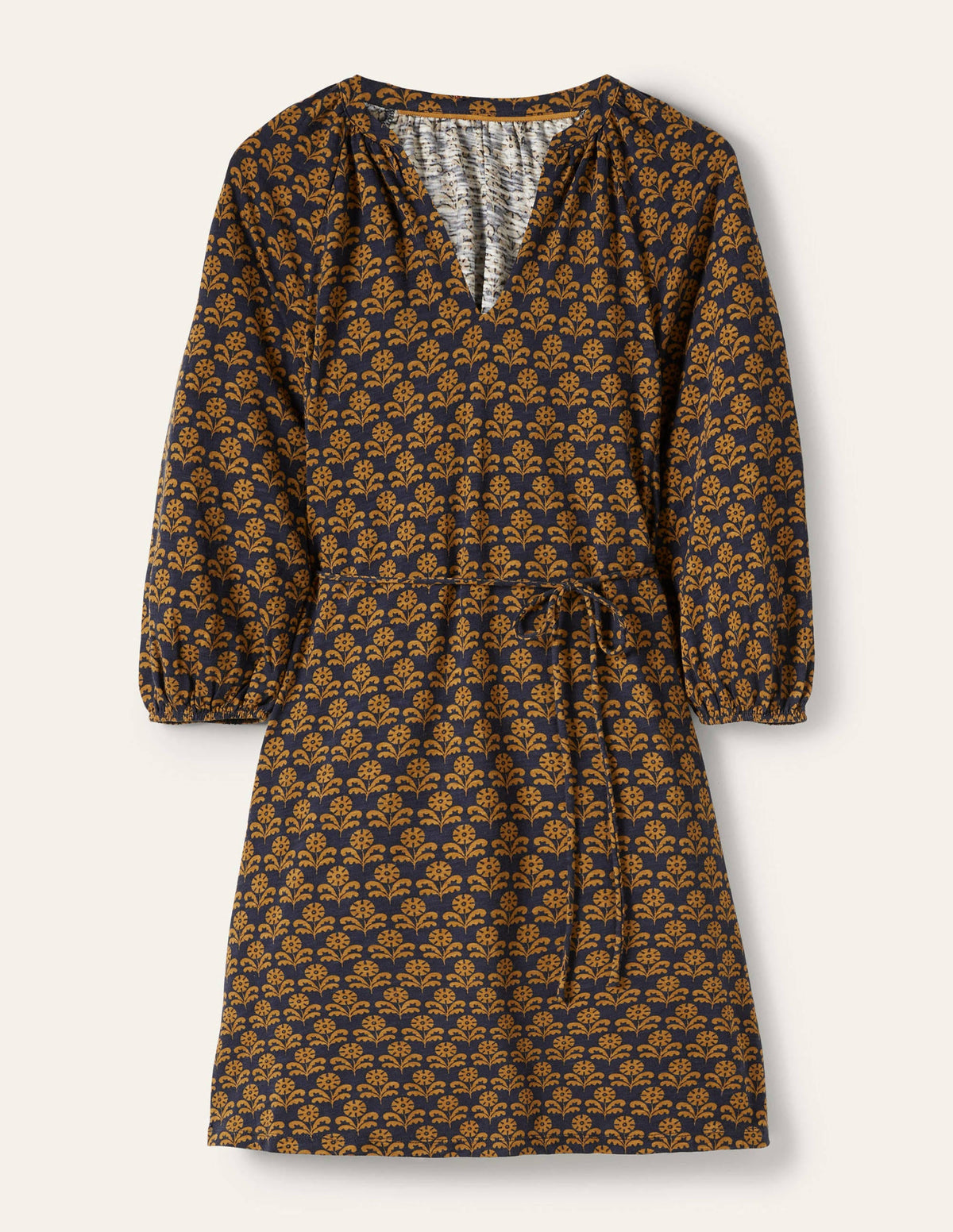 Notch Neck Jersey Mini Dress-Frankincense, Leaf Geo-5