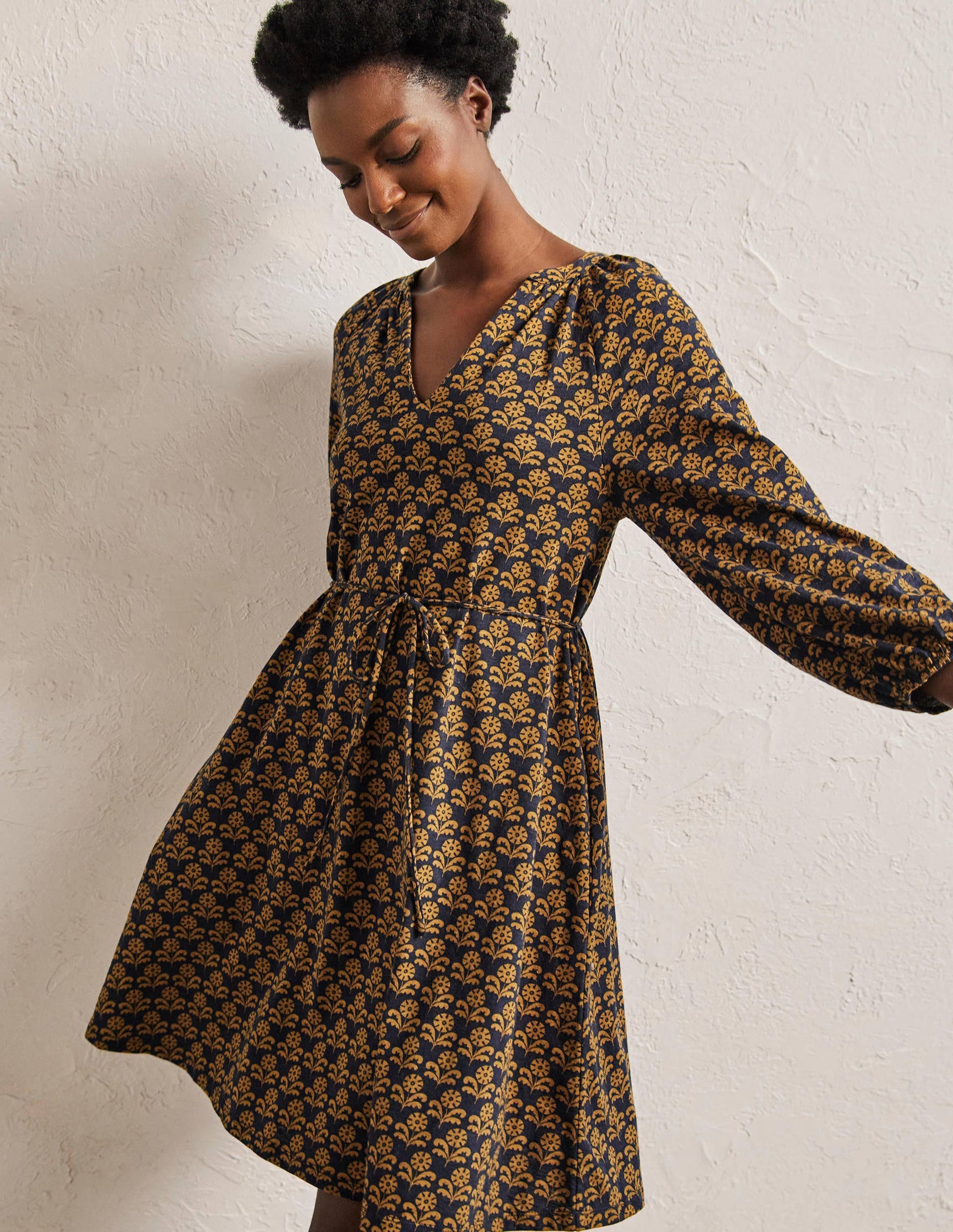 Notch Neck Jersey Mini Dress-Frankincense, Leaf Geo-1