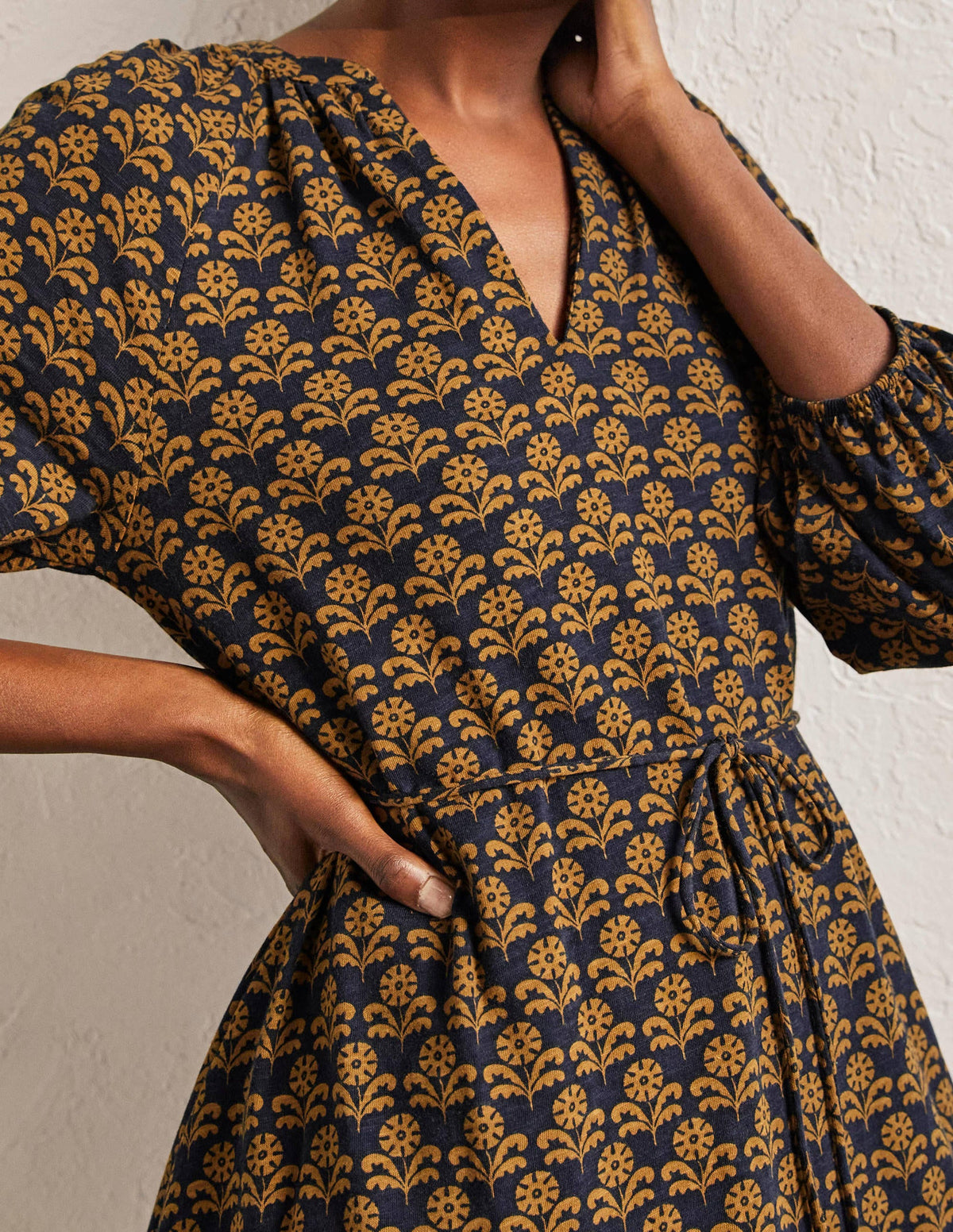 Notch Neck Jersey Mini Dress-Frankincense, Leaf Geo-2